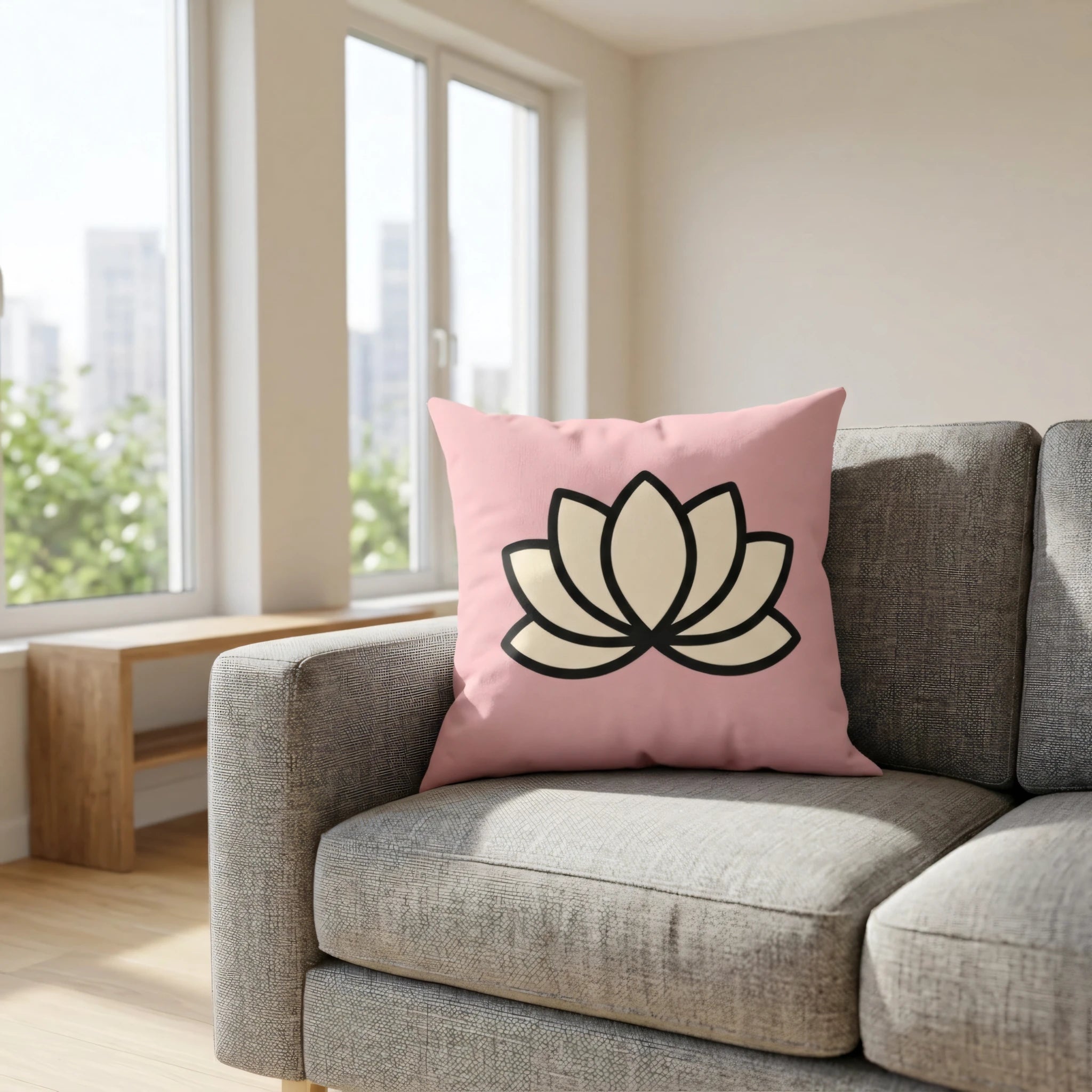 Pink throw pillow with a black and cream lotus flower design on a grey sofa in a bright, modern living room lifestyle setting.
