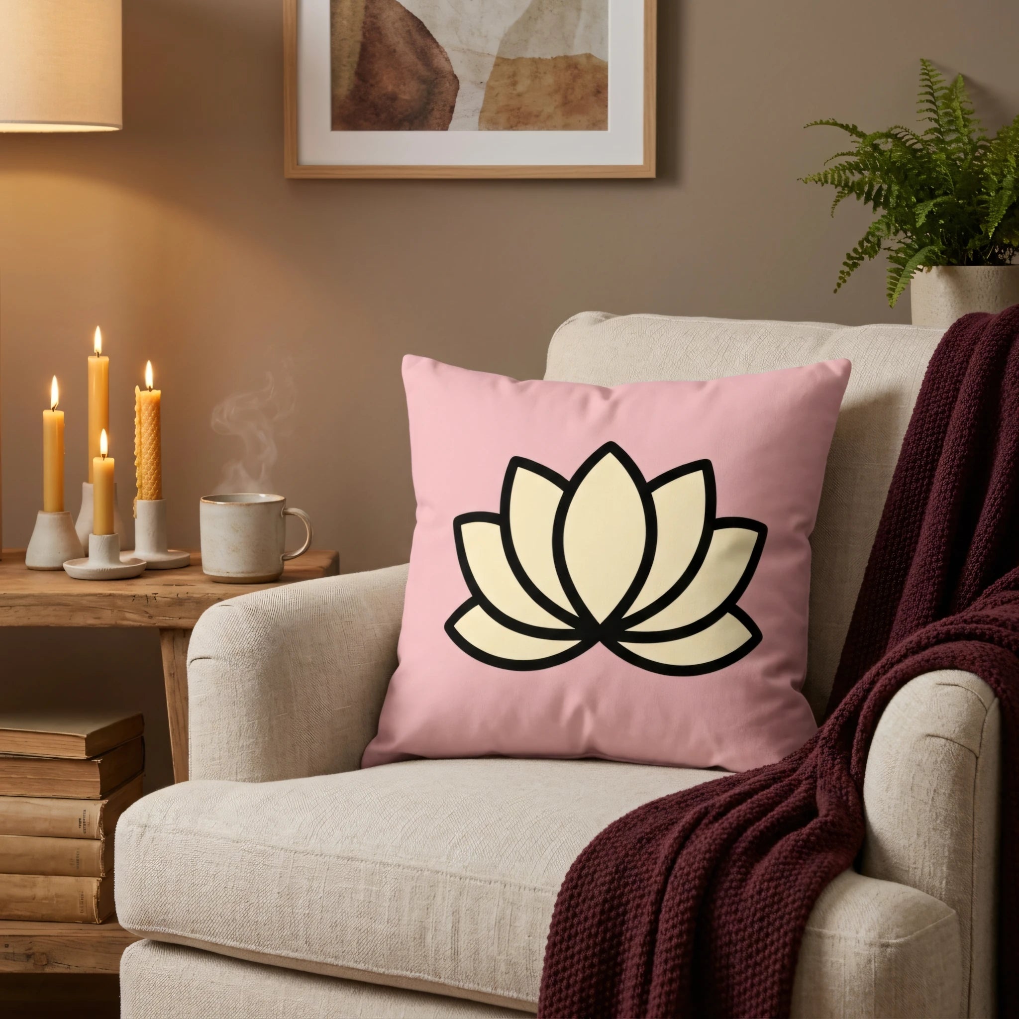Pink cushion with a cream lotus flower design on an armchair in a cozy living room with candles and a warm maroon throw blanket.