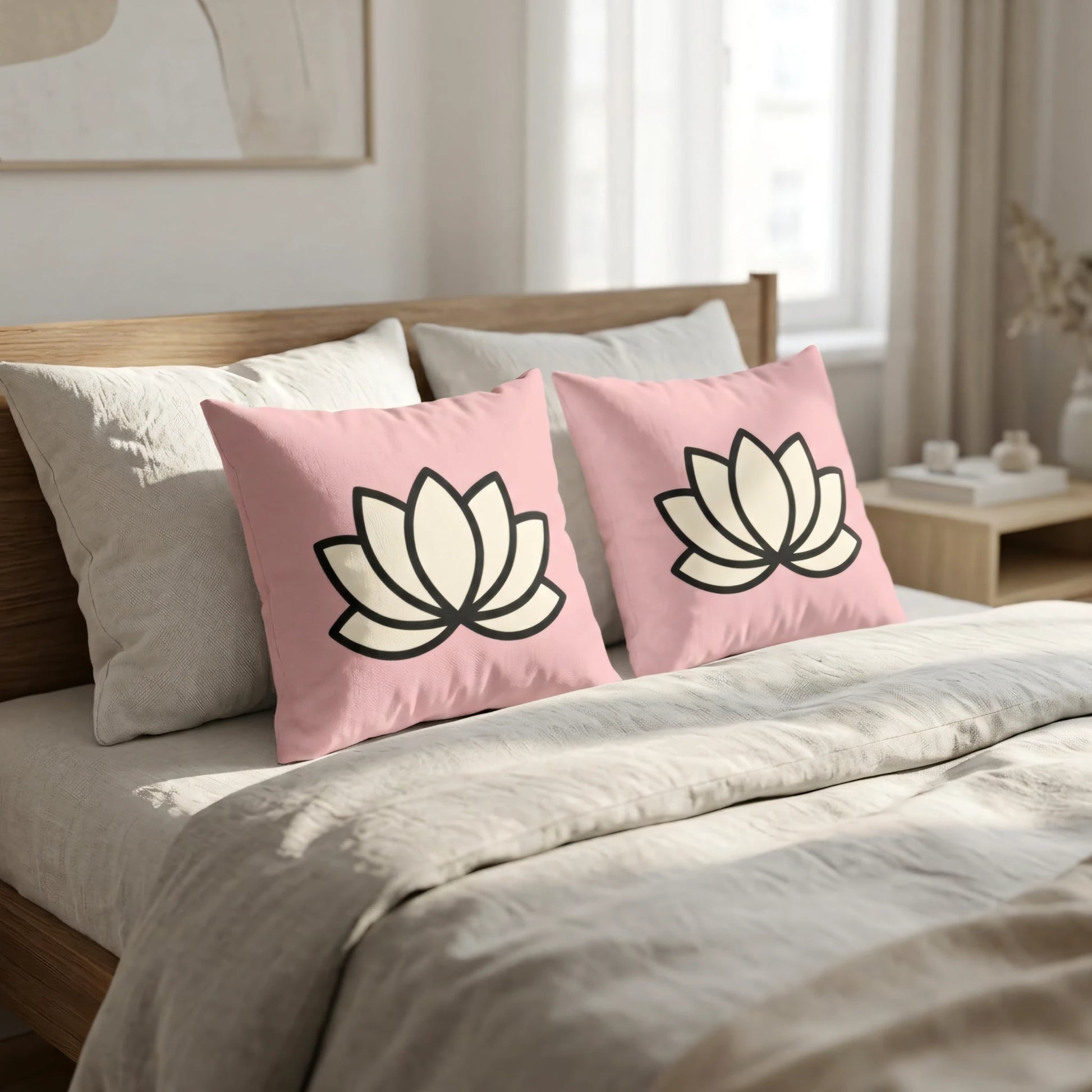 Two pink decorative pillows with a cream lotus flower design on a modern wooden bed in a bright bedroom, perfect for floral home decor.