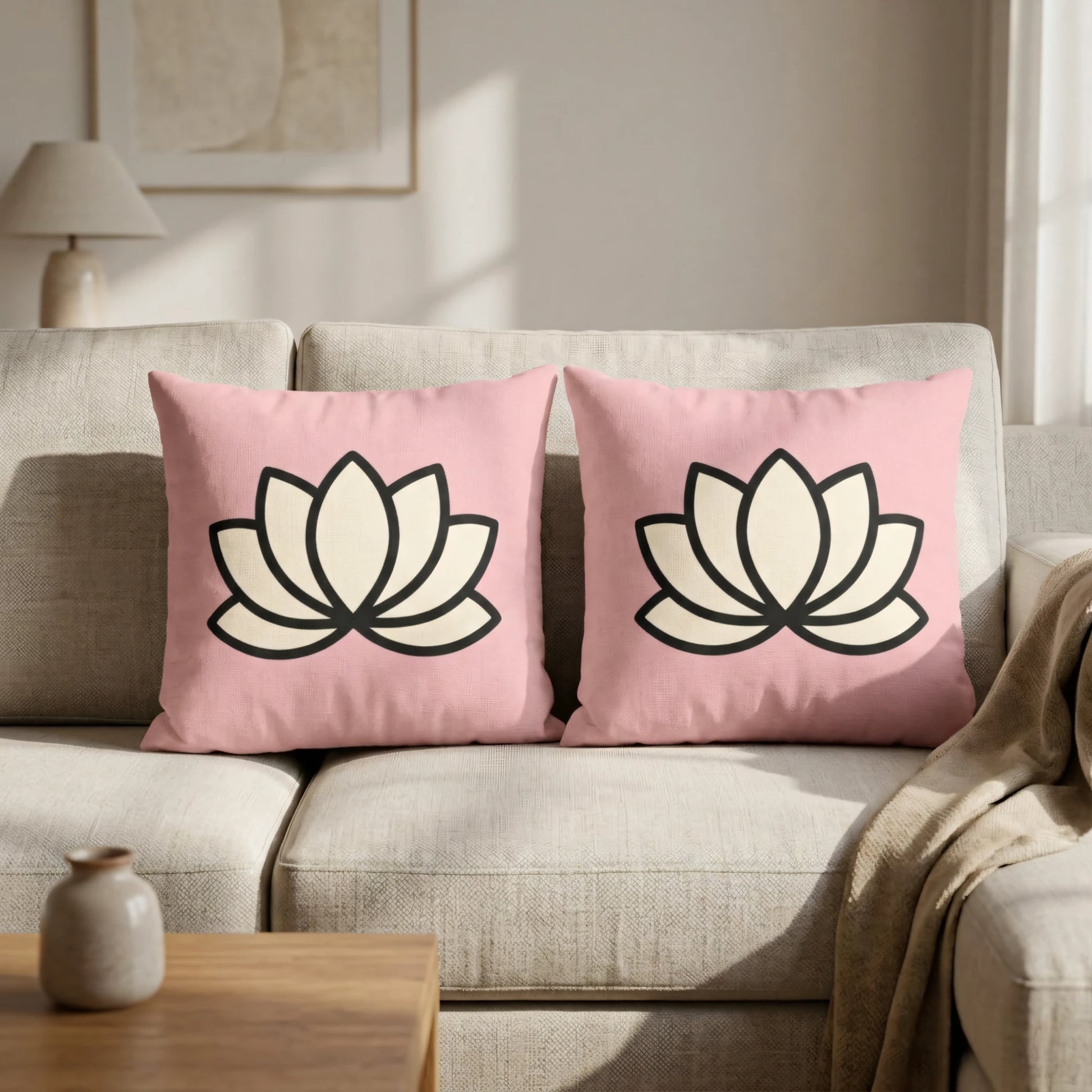 Two pink lotus flower decorative pillows on a beige sofa in a cozy living room, minimalist floral cushion design for home interior.