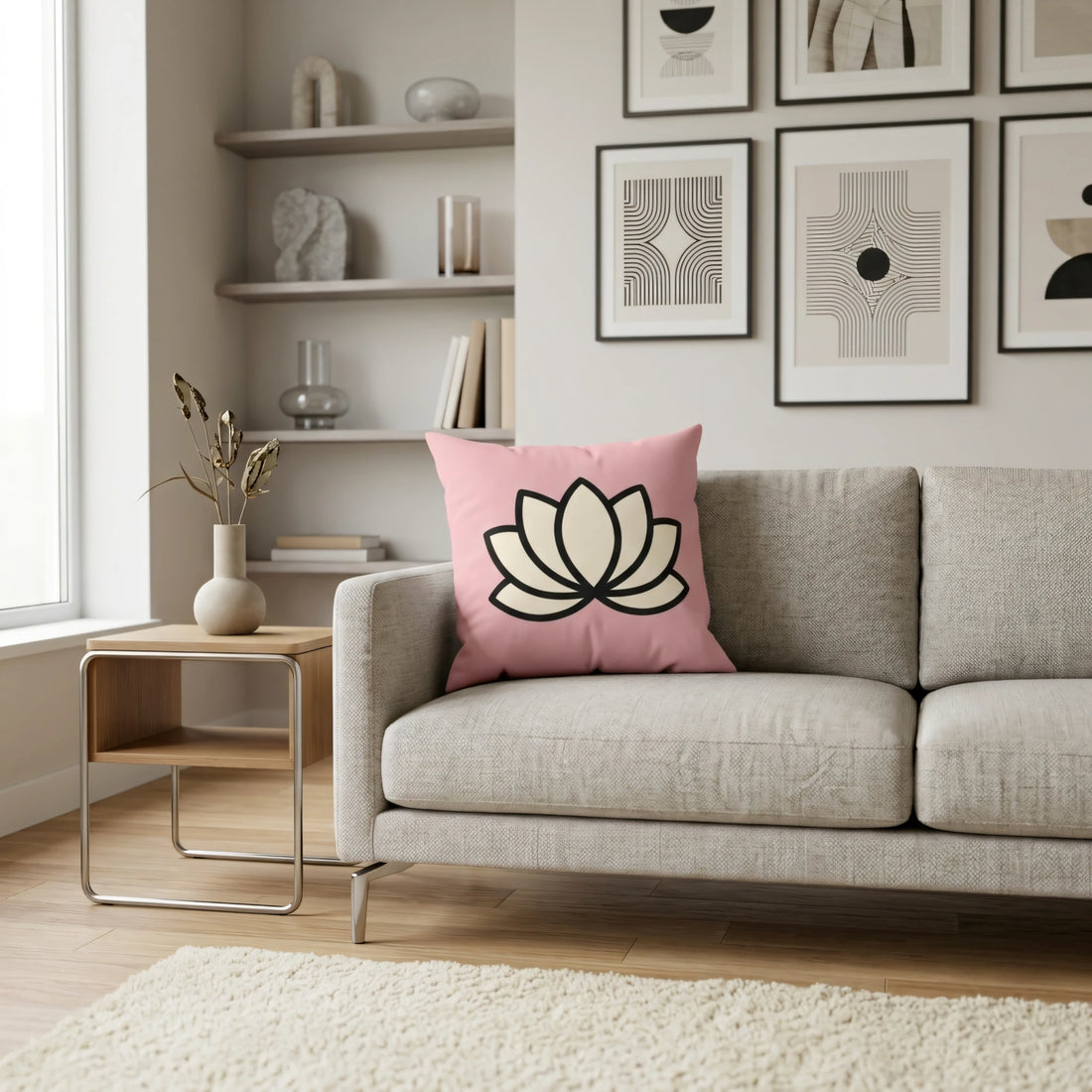 Pink throw cushion with a cream lotus flower design on a gray sofa in a bright, modern living room with minimalist shelves and wall art.