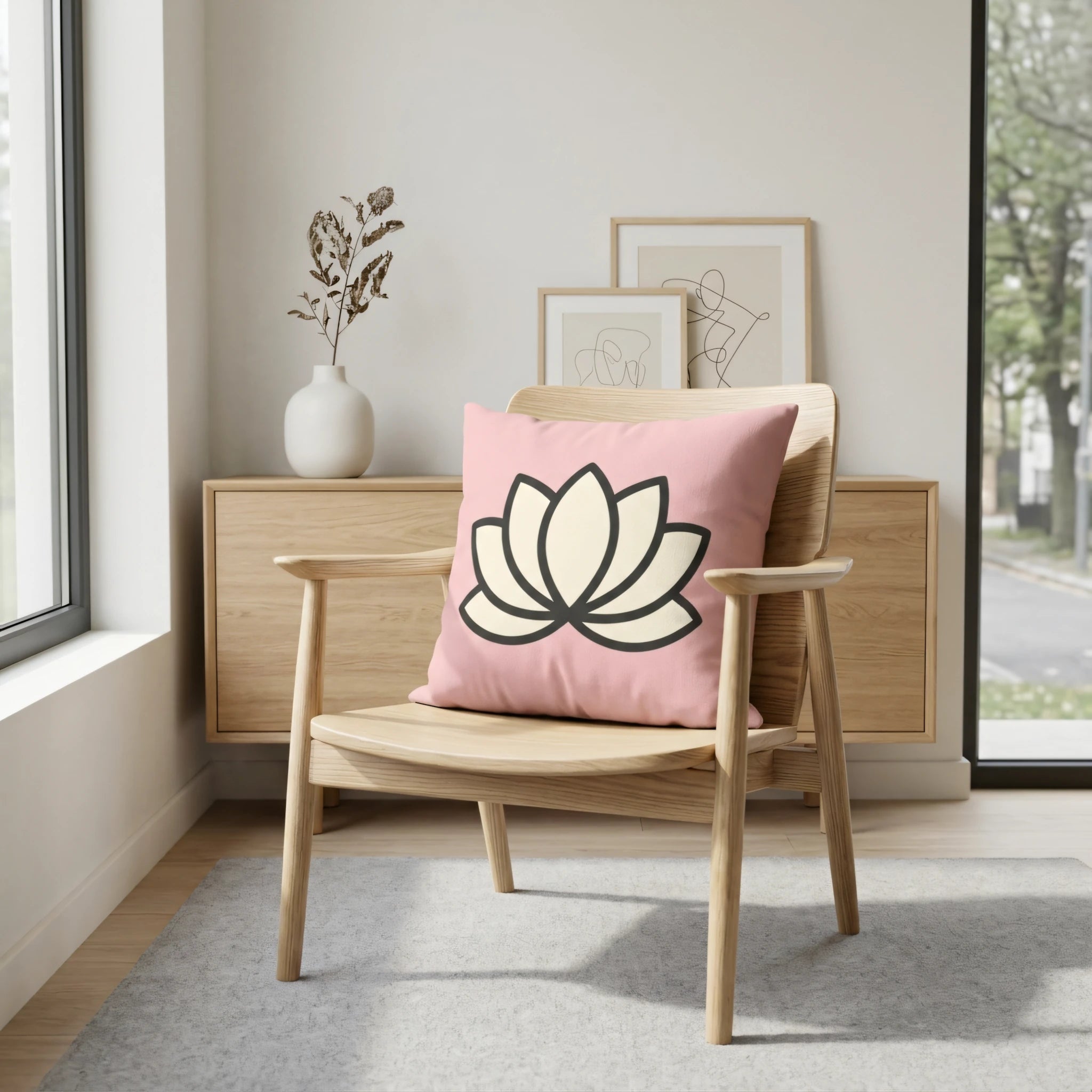 Pink decorative cushion with a cream lotus flower design on a wooden chair in a minimalist room with a light wood sideboard and white vase.