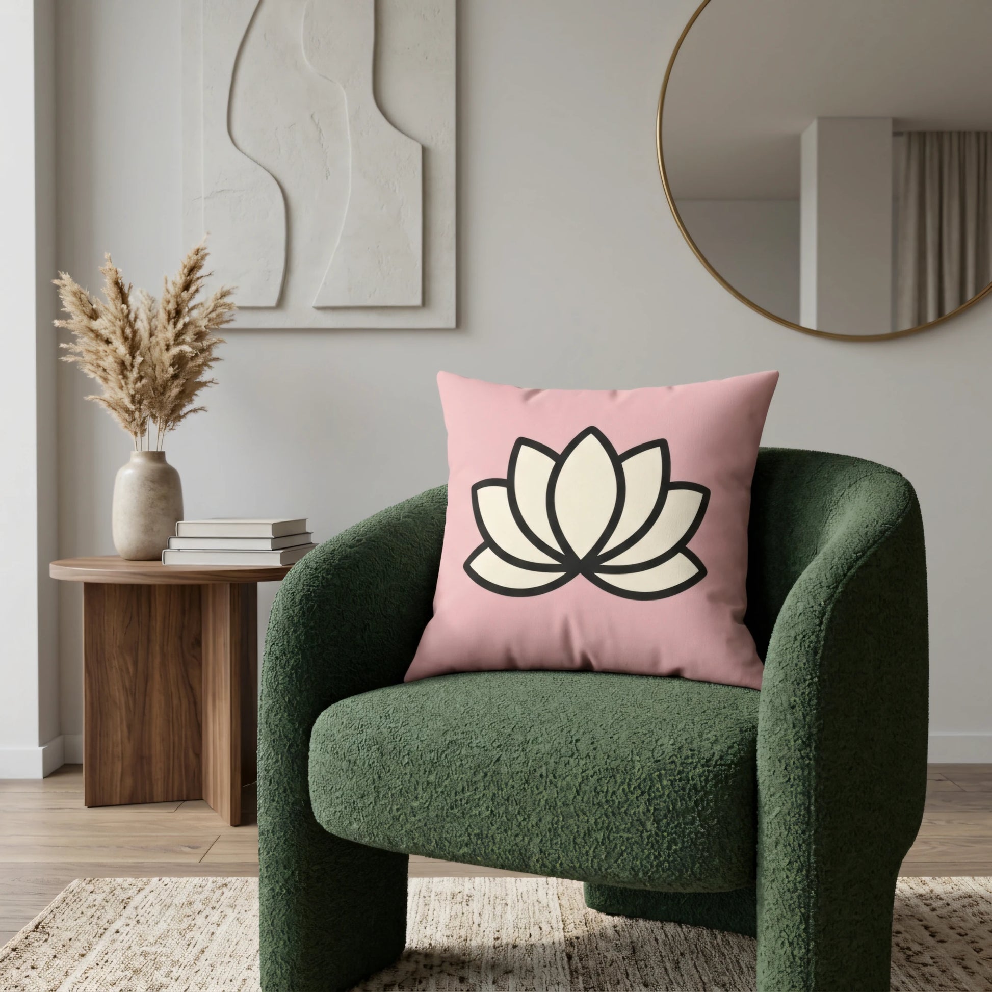 Pink cushion with a lotus flower design on a forest green armchair in a modern living room lifestyle setting with elegant home decor.