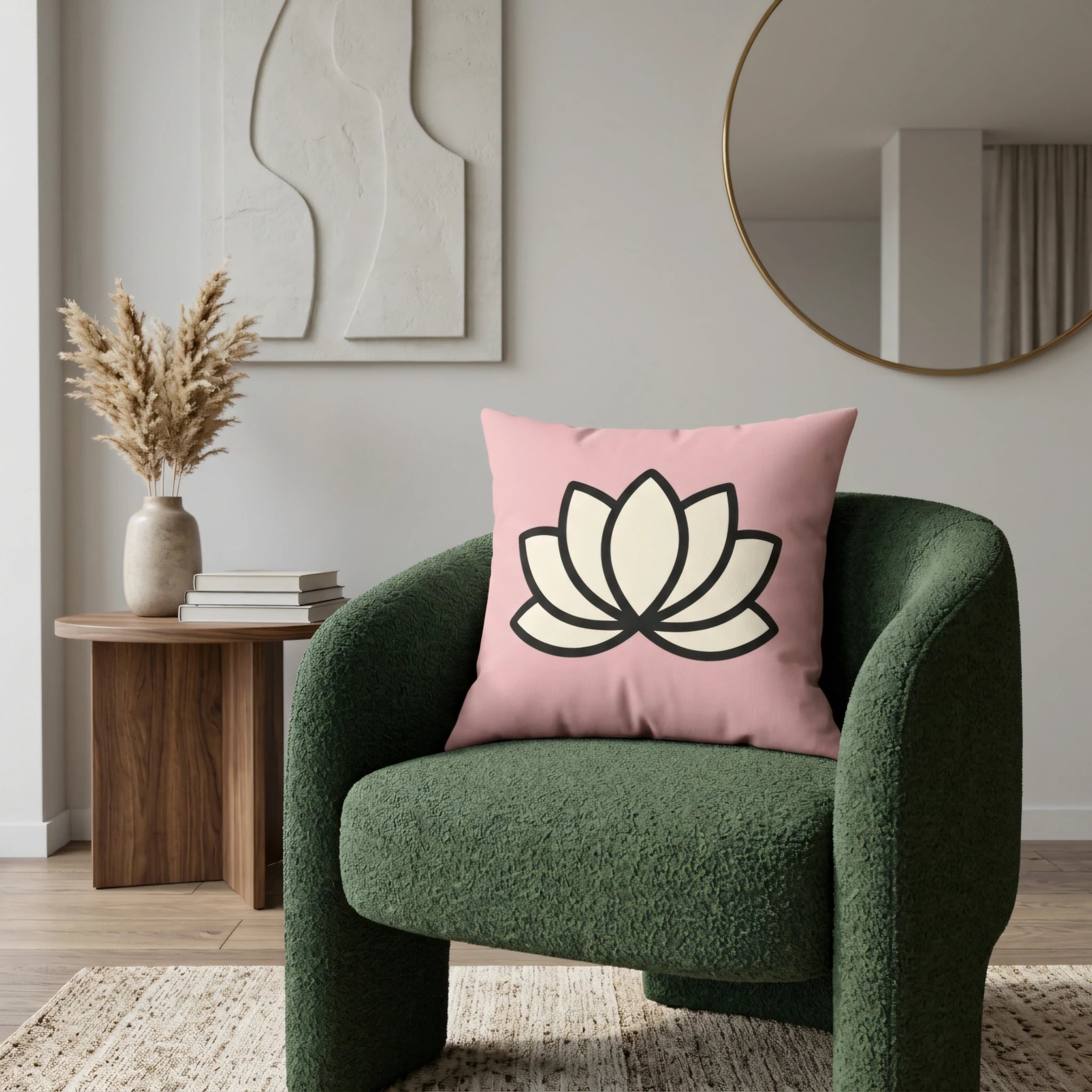Pink cushion with a lotus flower design on a forest green armchair in a modern living room lifestyle setting with elegant home decor.