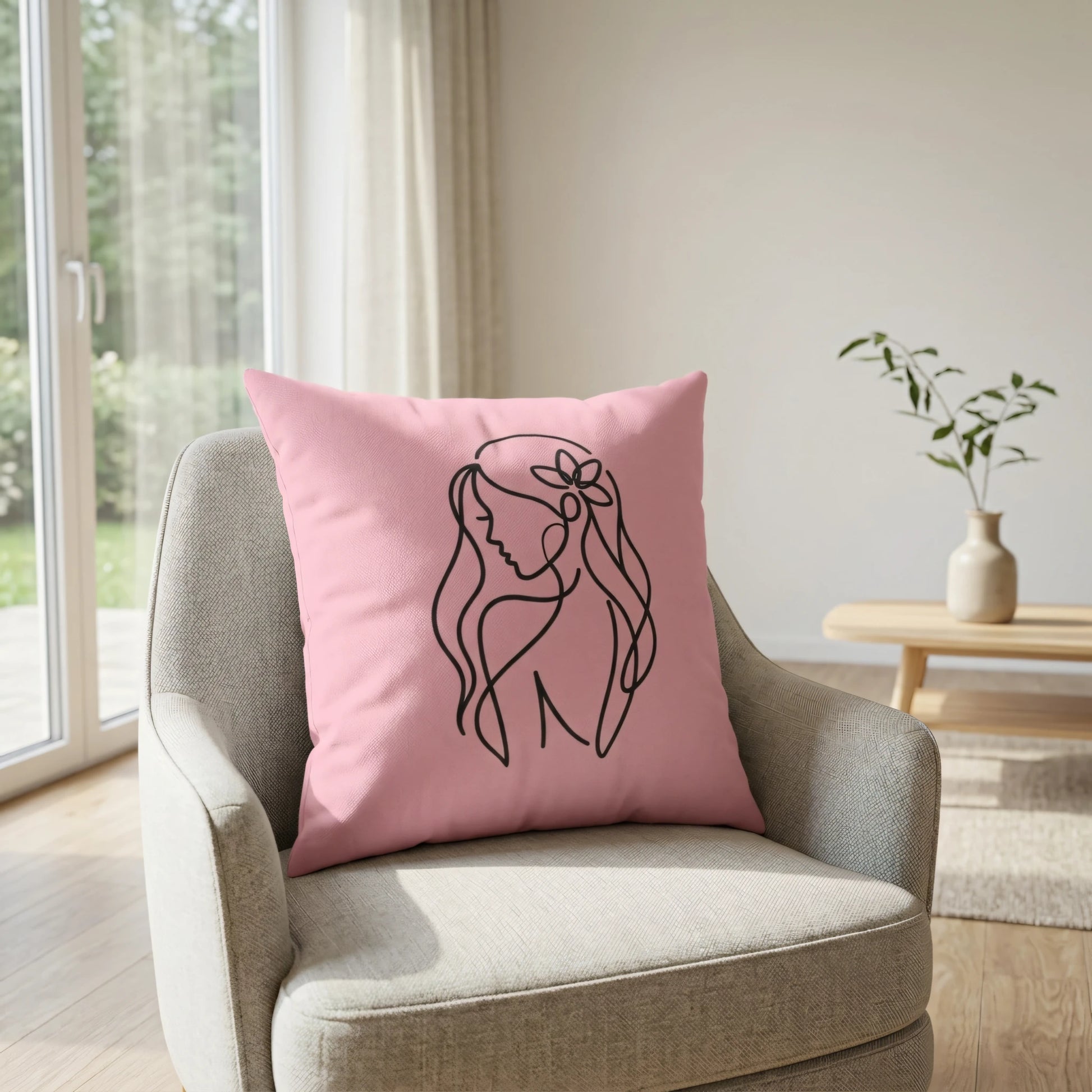 Minimalist pink cushion with black line art woman design on a grey armchair in a bright, modern living room with natural light.