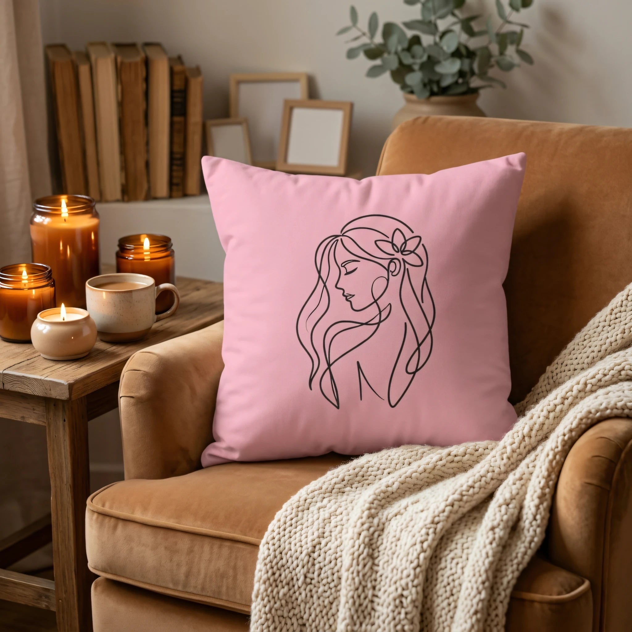 Pink throw pillow with minimalist line art of a woman on a brown velvet armchair in a cozy room with glowing candles.