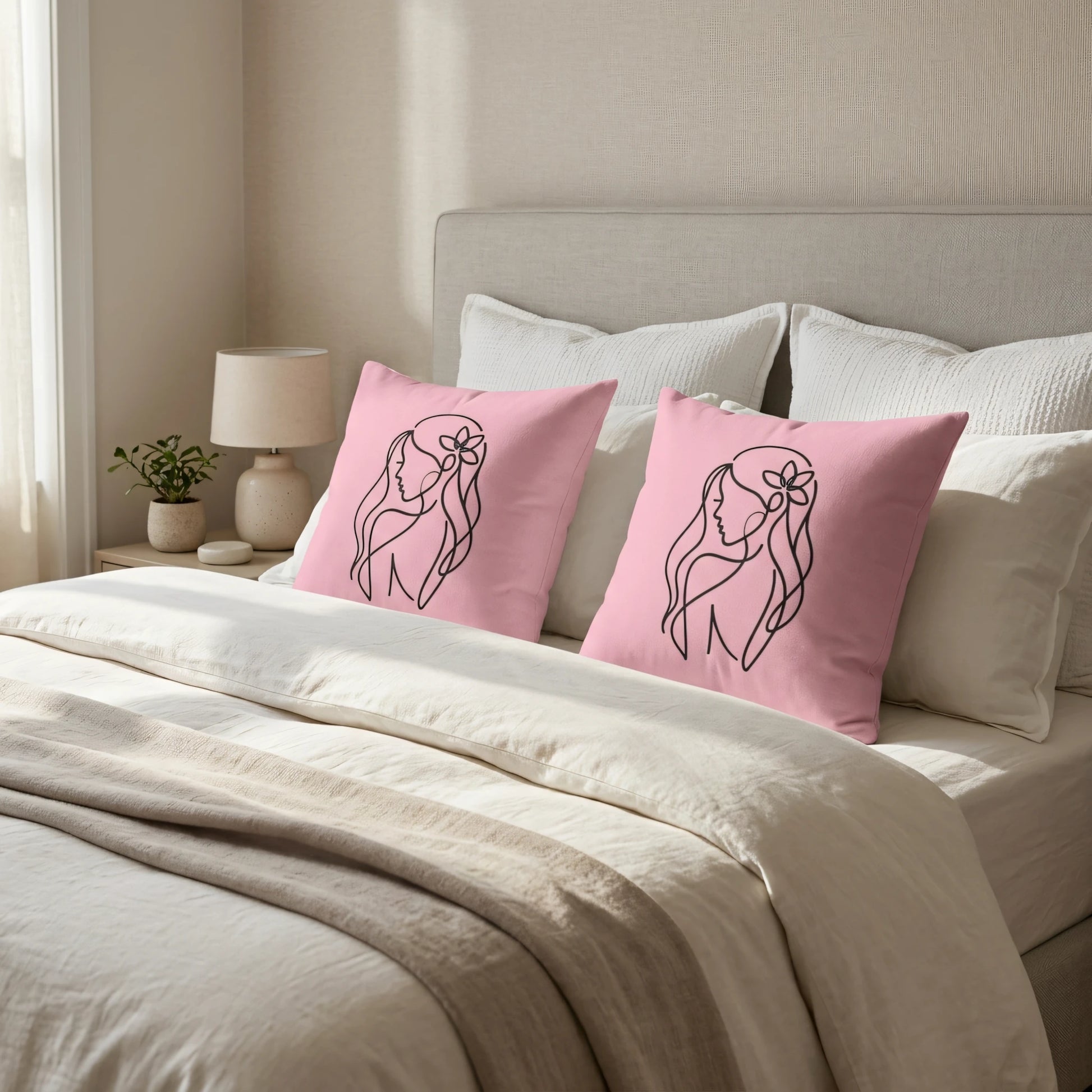 Two pink cushions with minimalist black line art of a woman's profile on a bed with neutral linens in a bright bedroom.