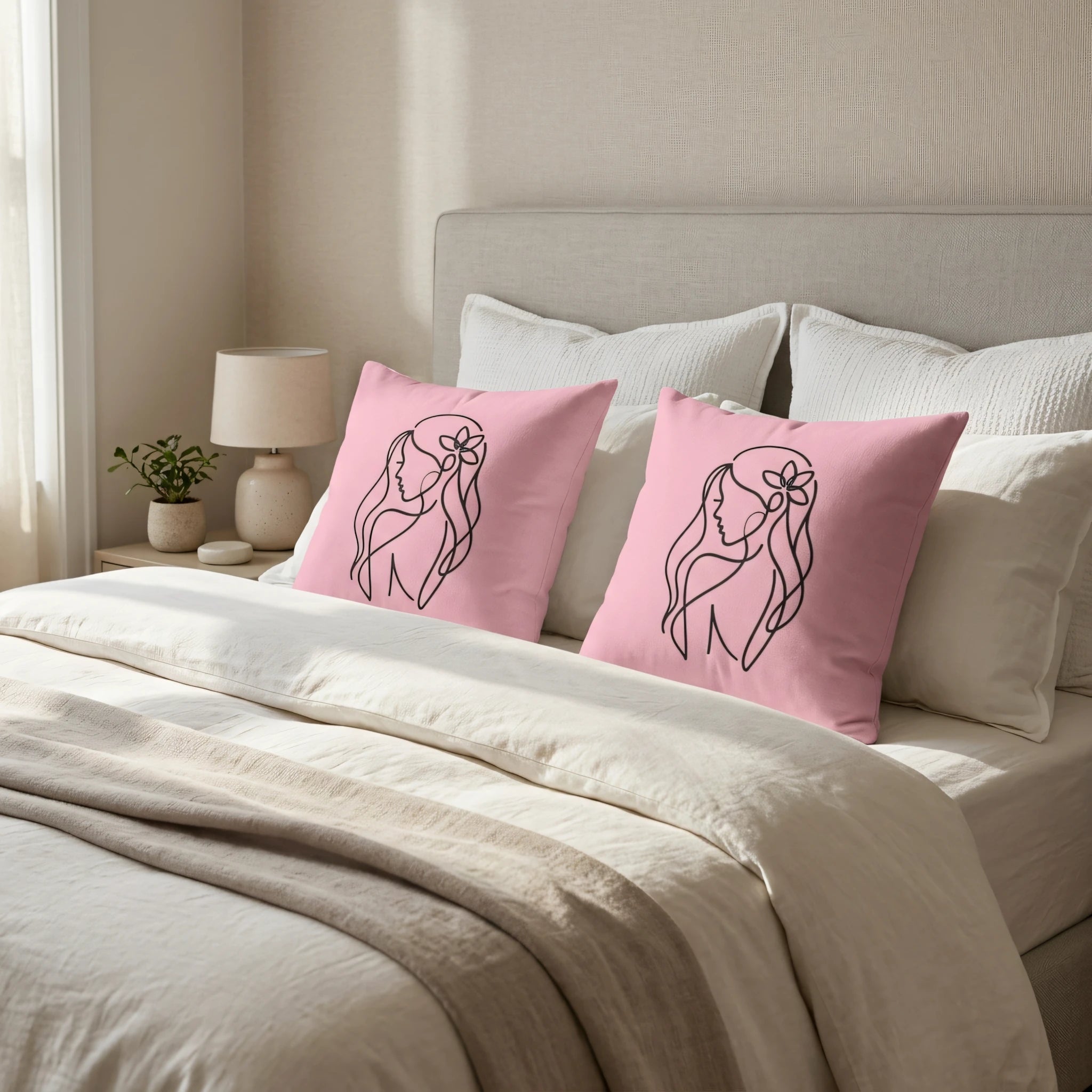 Two pink cushions with minimalist black line art of a woman's profile on a bed with neutral linens in a bright bedroom.