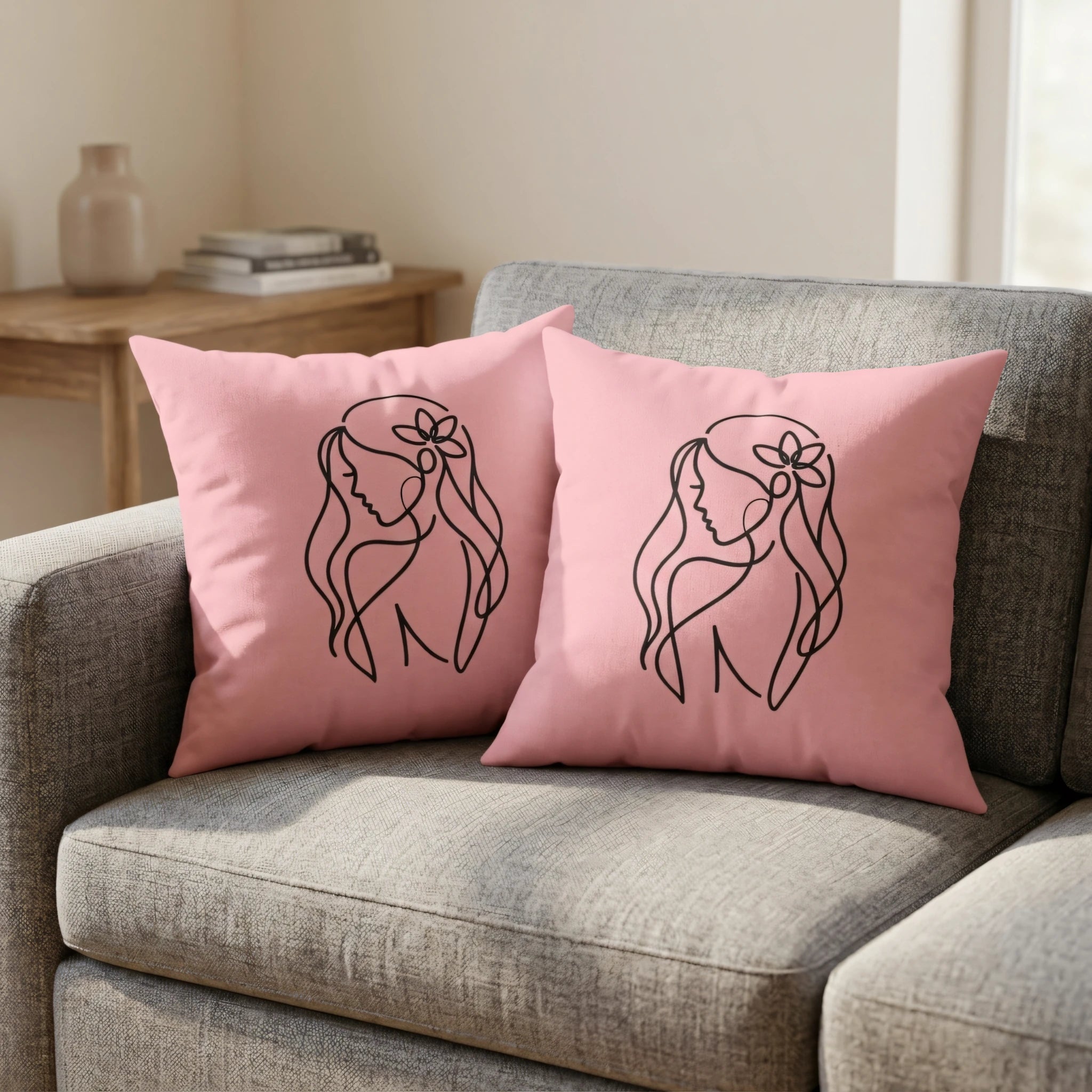 Pair of pink cushions featuring black line art of a woman, styled on a grey sofa in a bright, minimalist lifestyle living room shot.