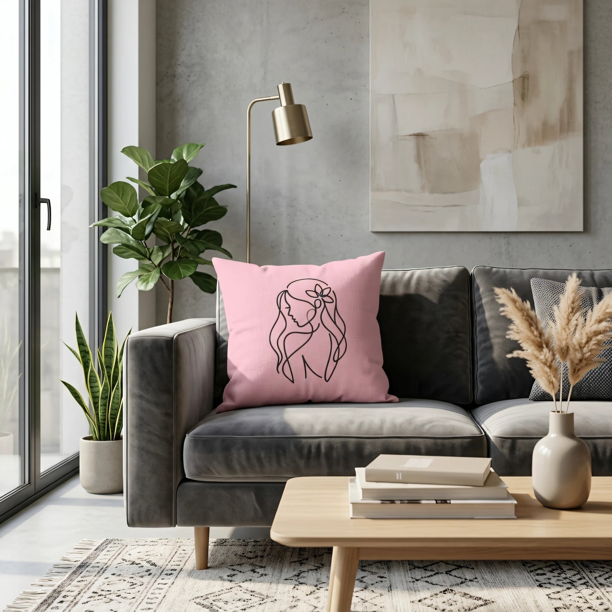 Minimalist pink pillow with woman line art design on a grey sofa in a modern living room setting with indoor plants.