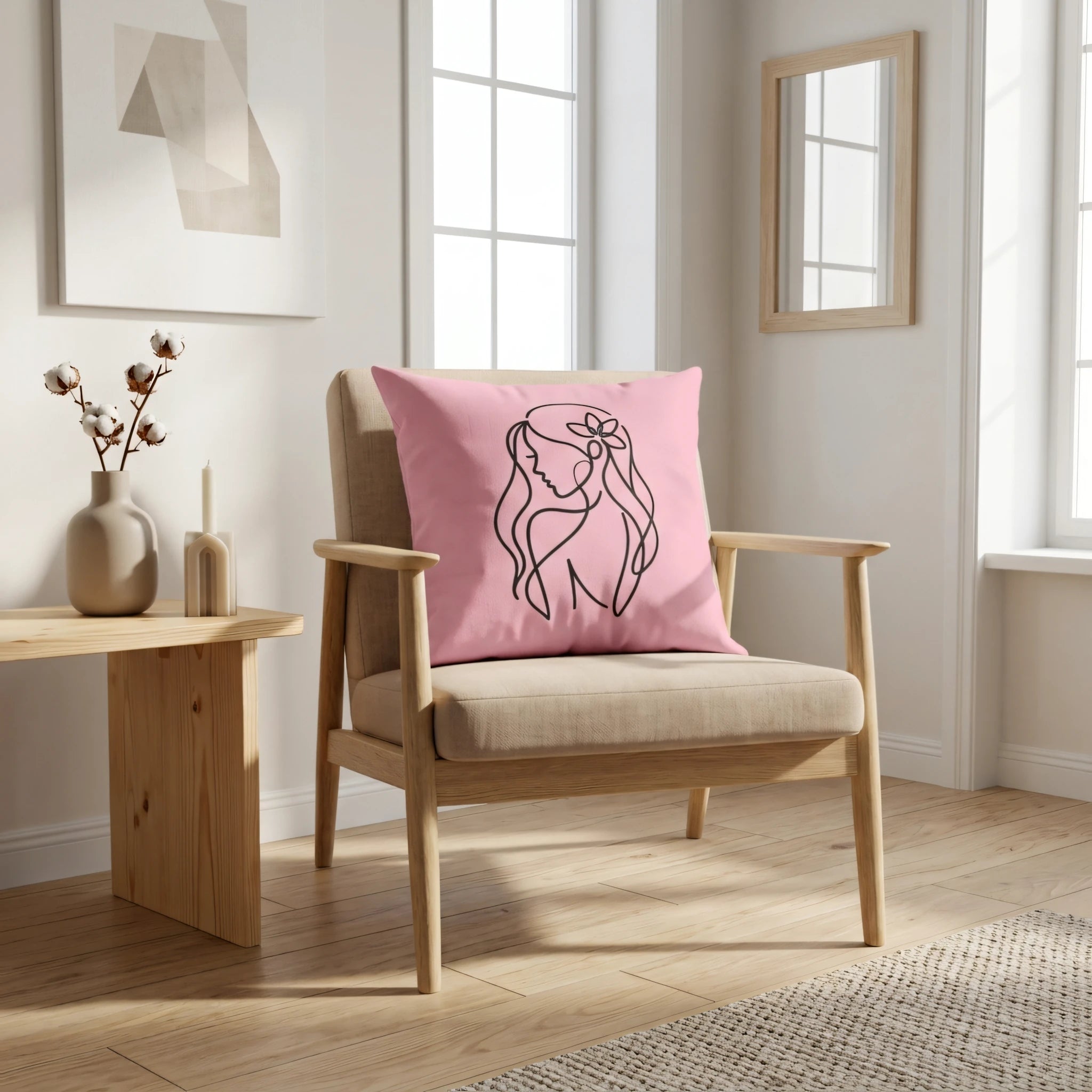 Pink throw pillow featuring a minimalist black line art woman design on a beige armchair in a bright, modern living room interior.