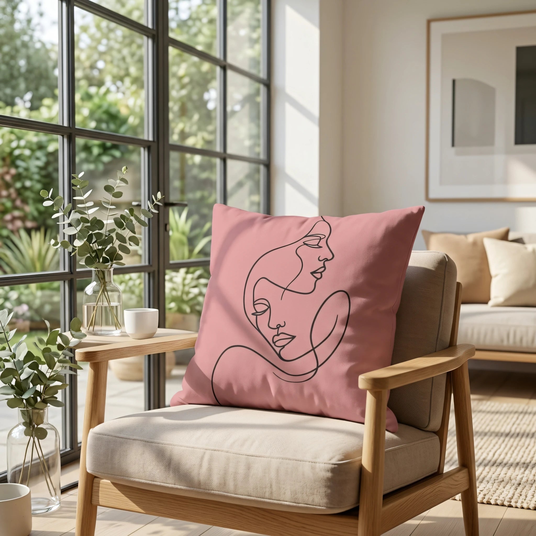 Modern pink throw pillow with minimalist black face line art on a beige armchair in a bright, sunlit living room with large windows.