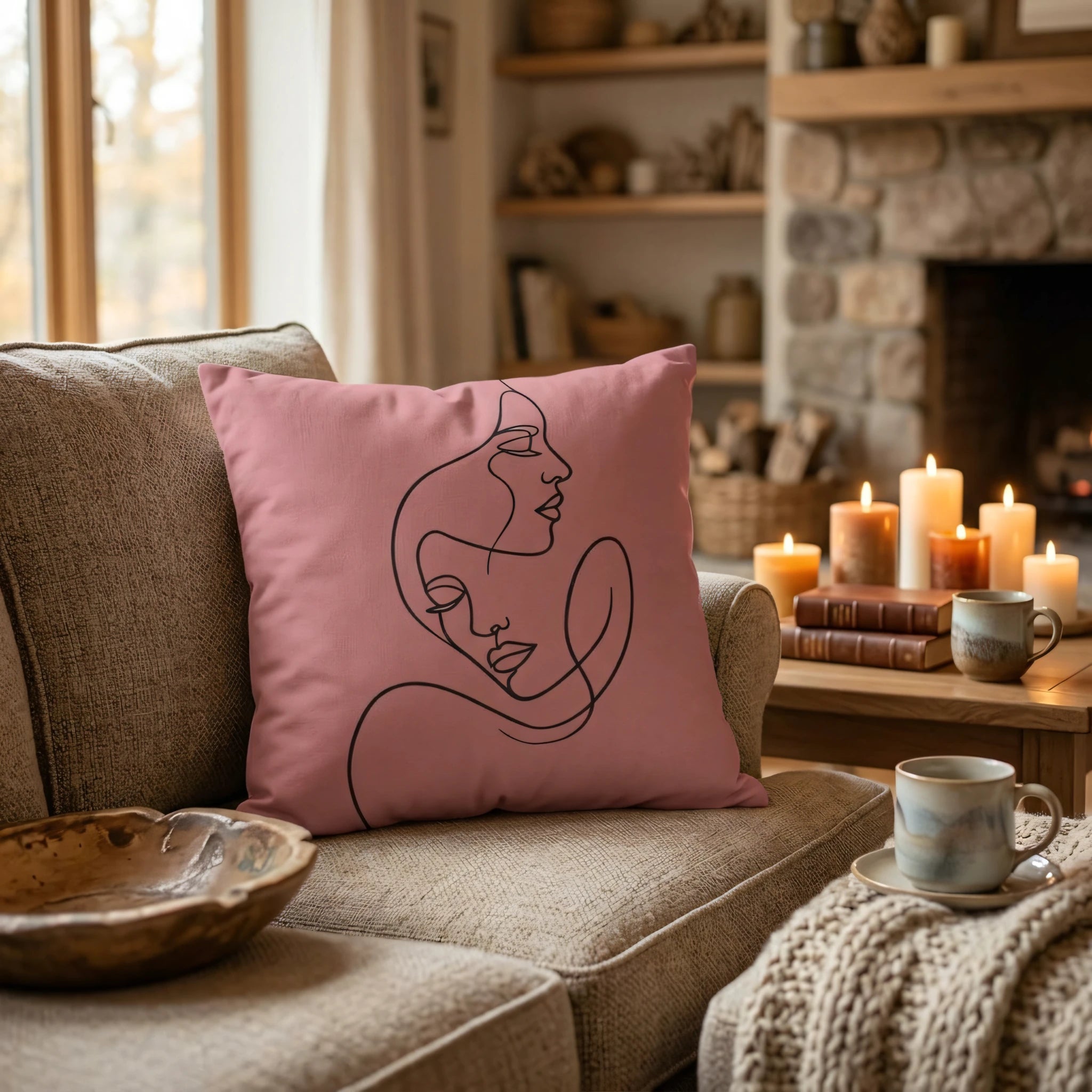 Pink cushion with black line art of faces on a beige sofa. Cozy home decor scene with a fireplace, lit candles, and warm rustic interior design.