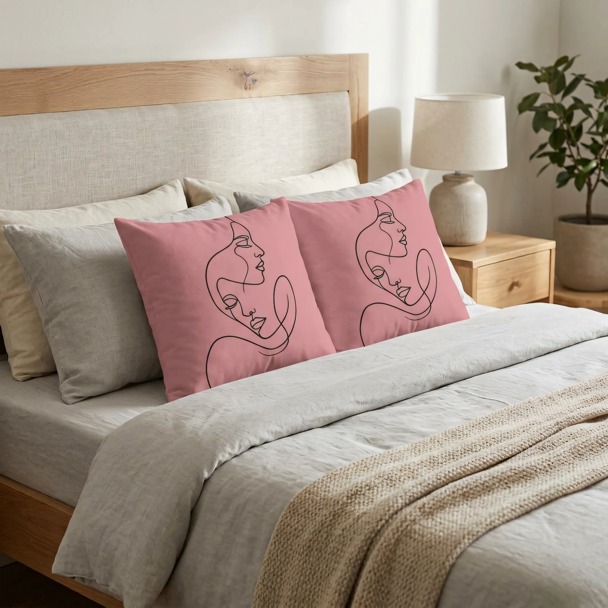 Minimalist black line art faces on pink decorative pillows styled on a light gray bed with a wooden headboard in a bright bedroom.