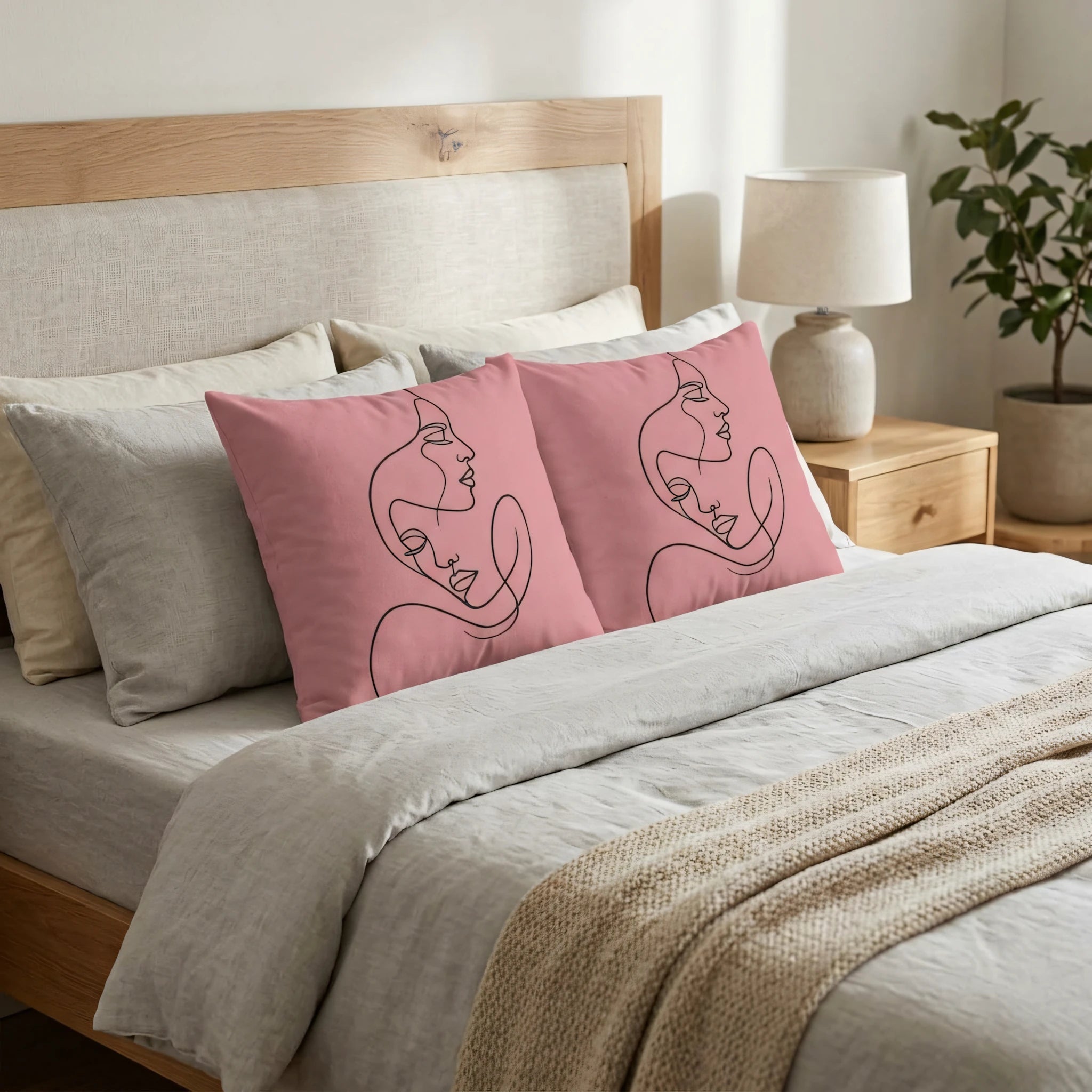 Minimalist black line art faces on pink decorative pillows styled on a light gray bed with a wooden headboard in a bright bedroom.