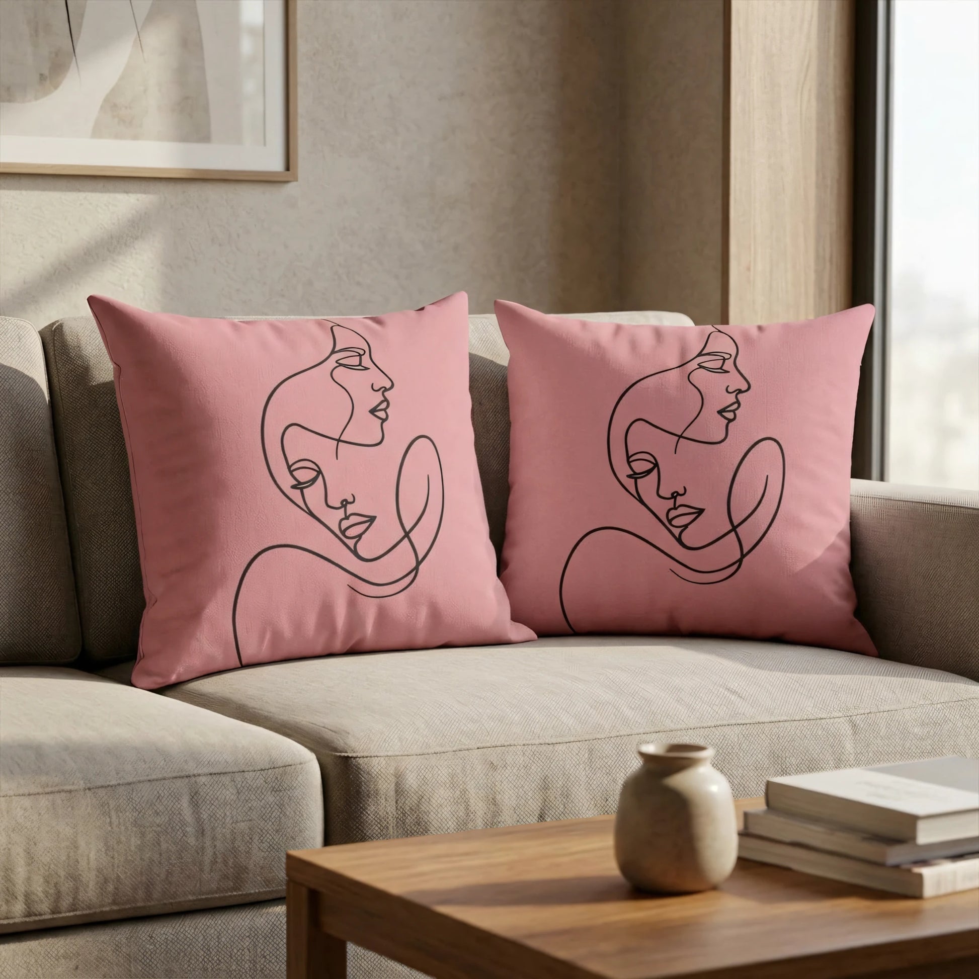 Pair of pink throw pillows with minimalist black line art face design, styled on a neutral sofa in a bright, modern living room setting.