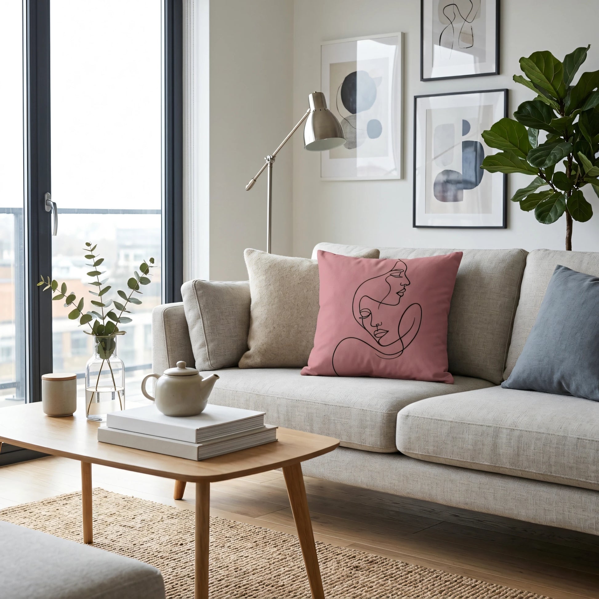 Pink decorative pillow with minimalist black line art faces on a light beige sofa in a contemporary living room with a wooden table.