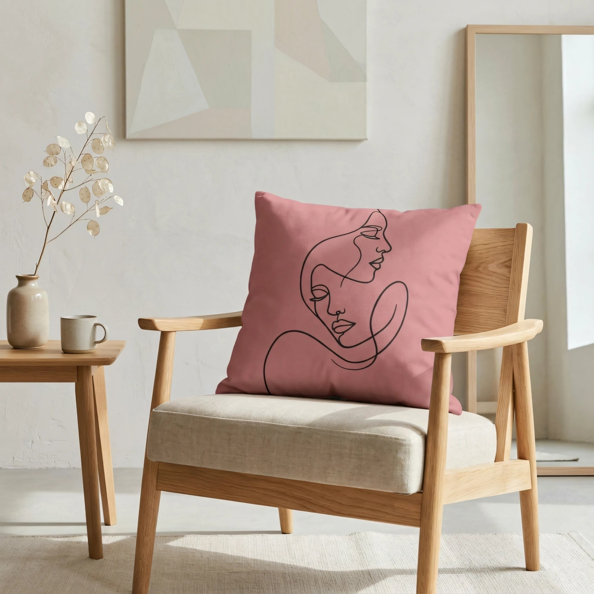 Pink cushion with black line art faces on a light wood armchair in a minimalist interior featuring neutral tones and abstract wall art.