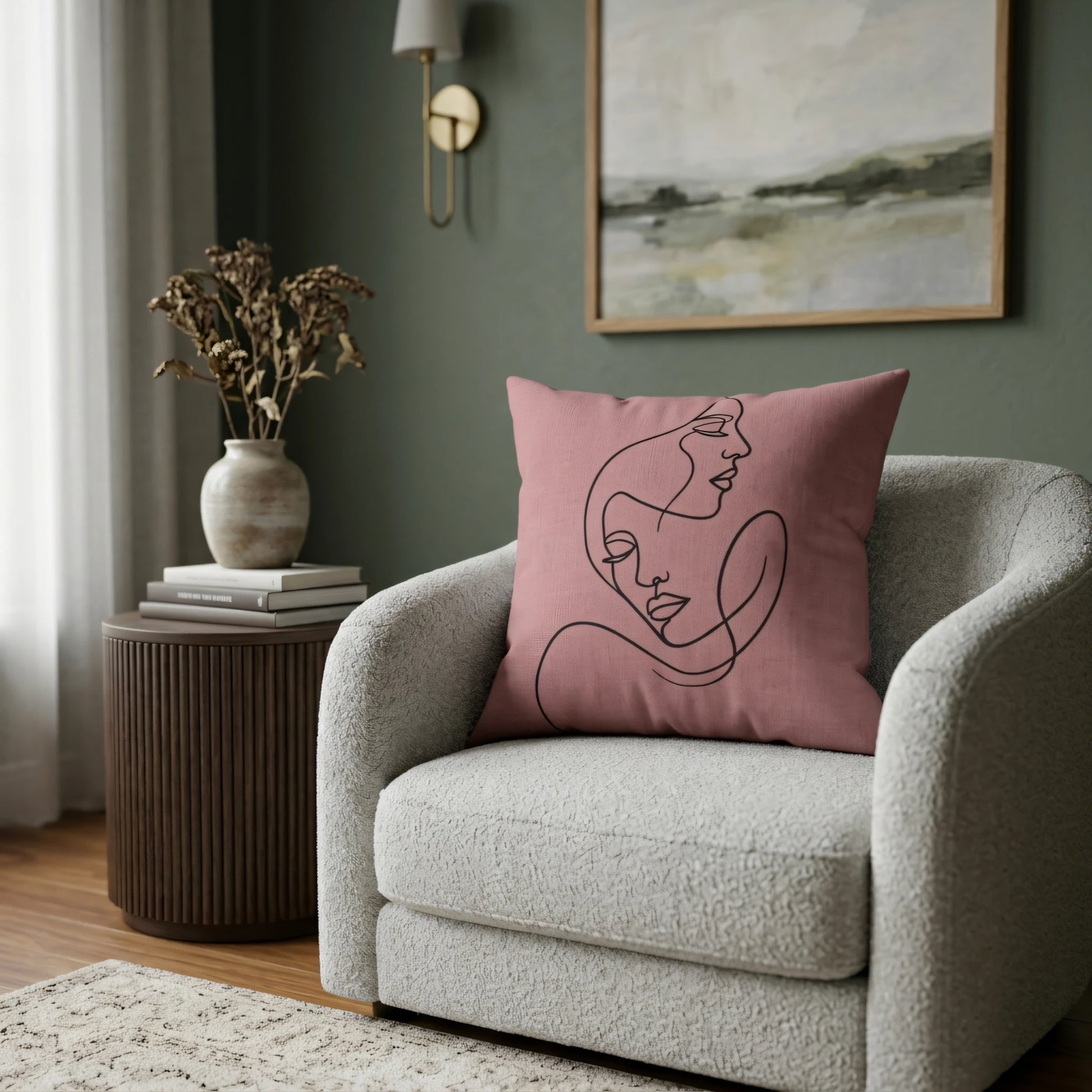 Pink decorative pillow with minimalist line art of faces on a grey bouclé armchair in a modern green living room.