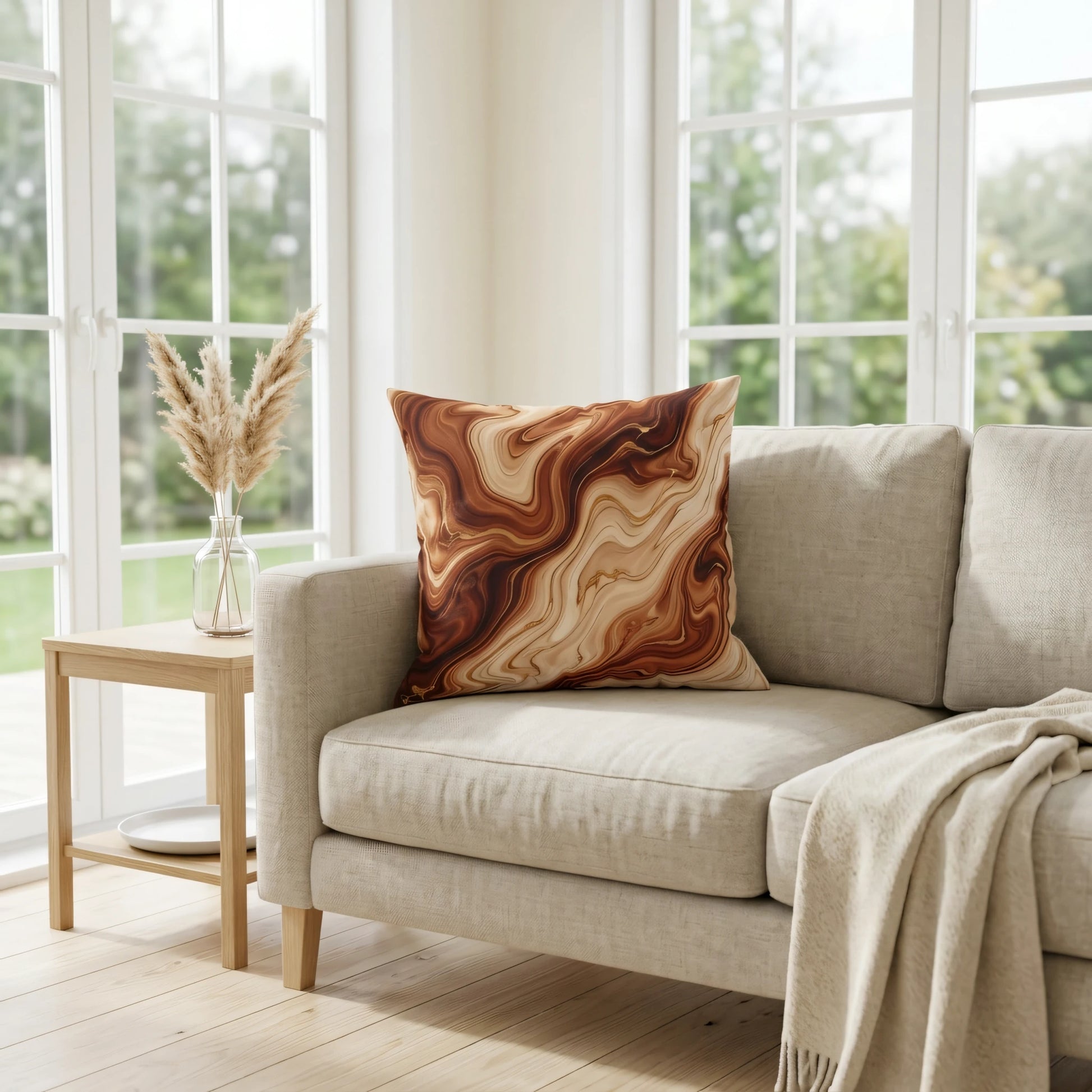 Brown marble pattern cushion on a beige sofa in a bright living room with large windows and natural light.