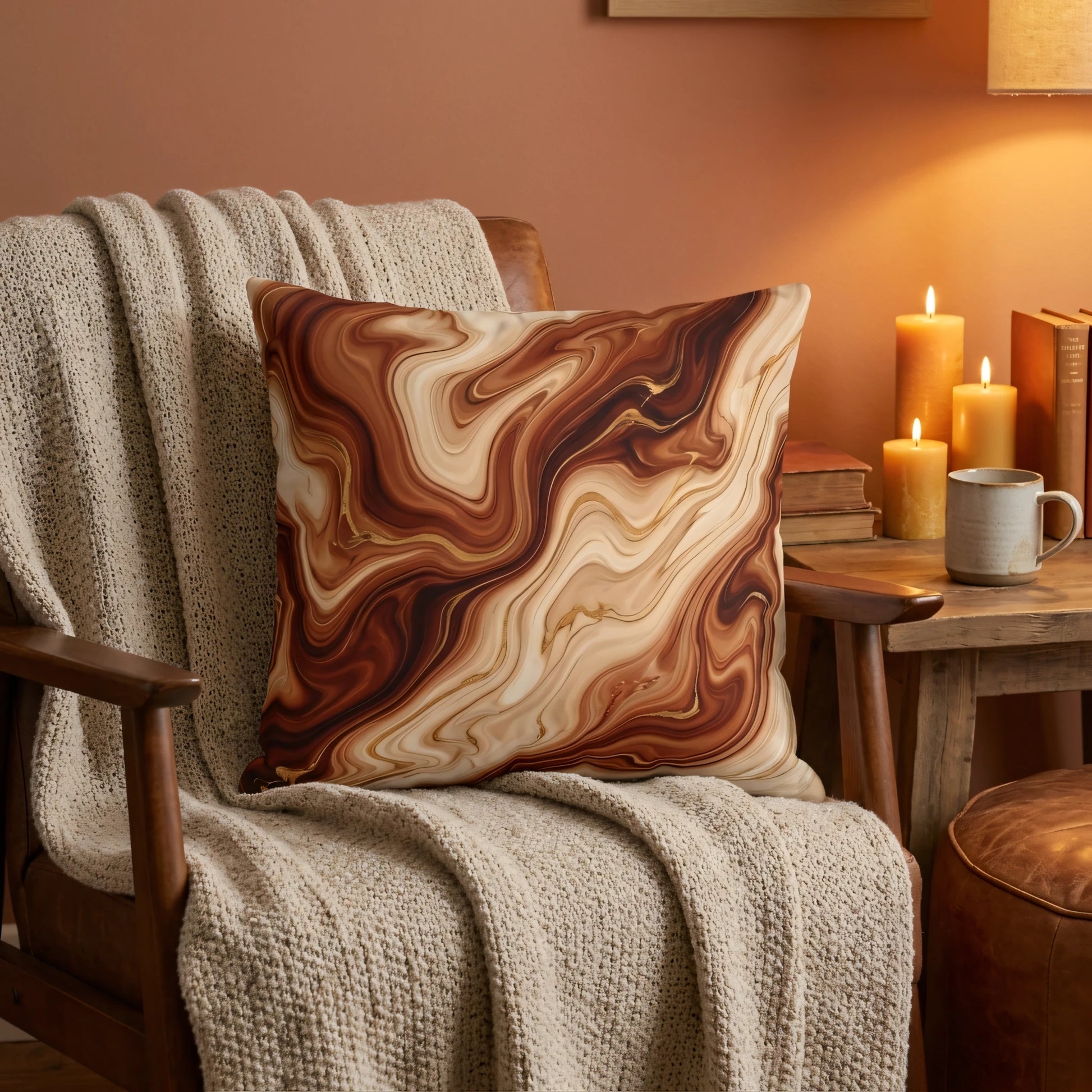 Brown marbled cushion on a wooden armchair with a beige knit blanket in a cozy room setting with lit candles and books.