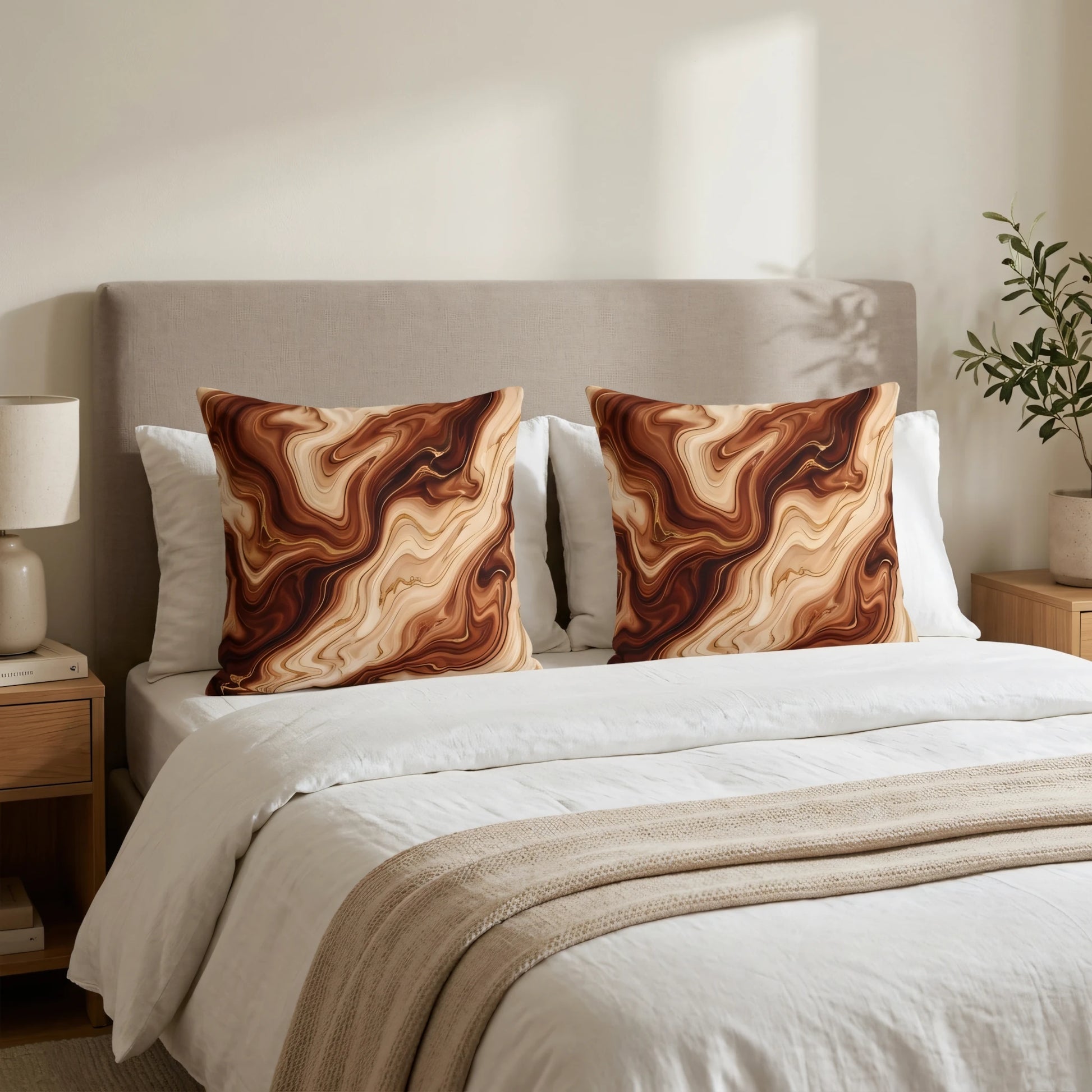 Pair of decorative throw pillows with a brown and tan marble swirl design on a white bed in a minimalist, neutral bedroom setting.