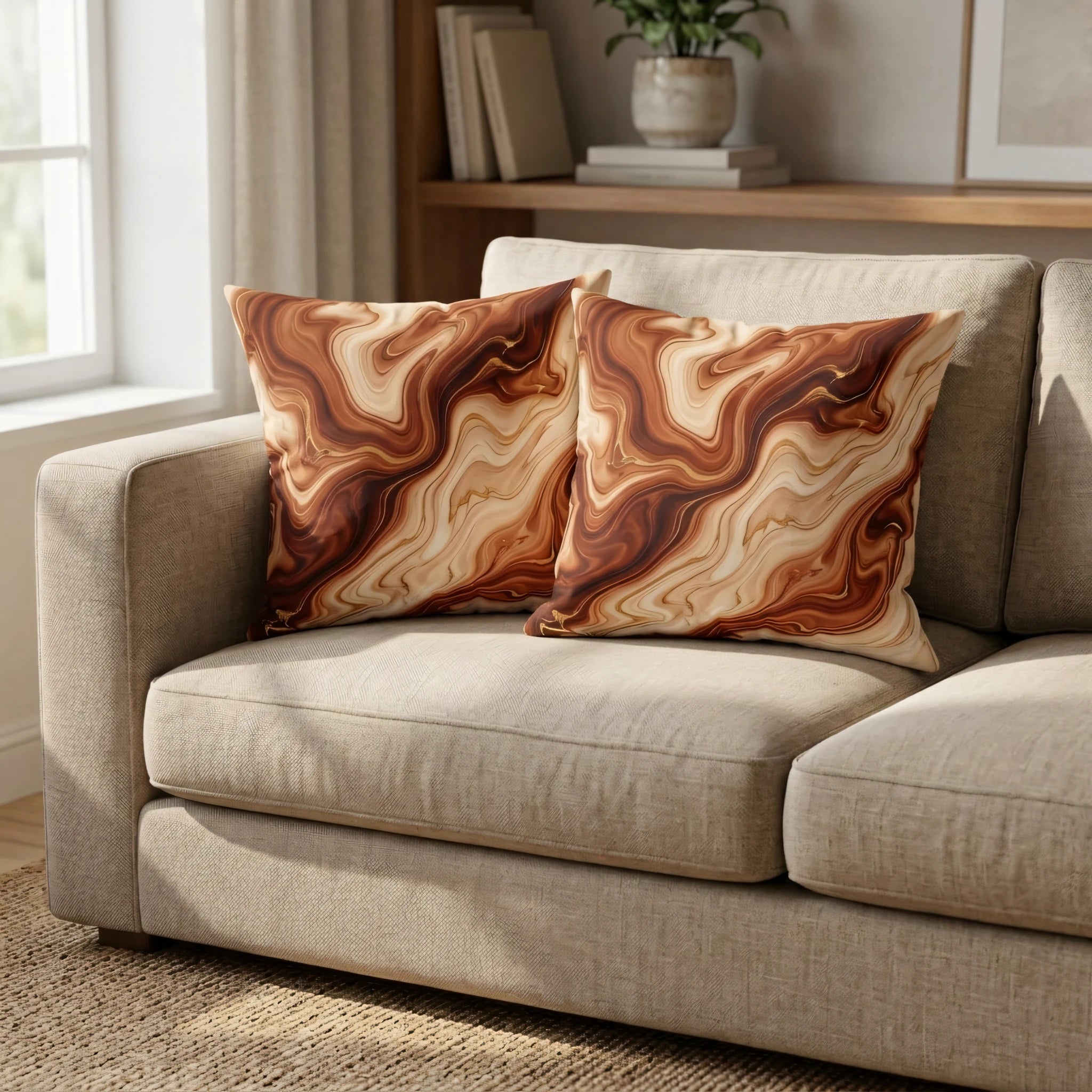 Two square throw pillows with a modern brown marble pattern on a light beige sofa in a minimalist living room interior.