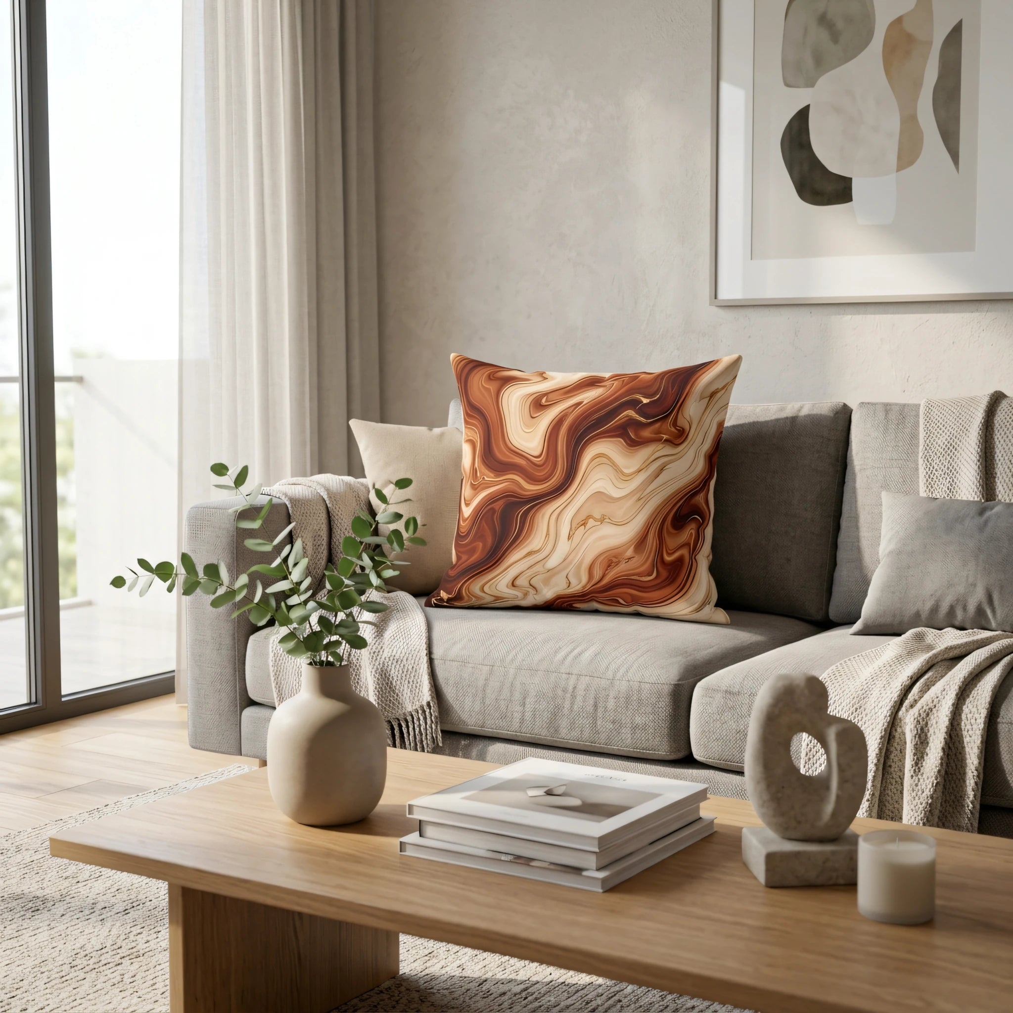 Brown and cream marbled decorative pillow on a grey sofa in a minimalist modern living room scene with wooden furniture and natural light.