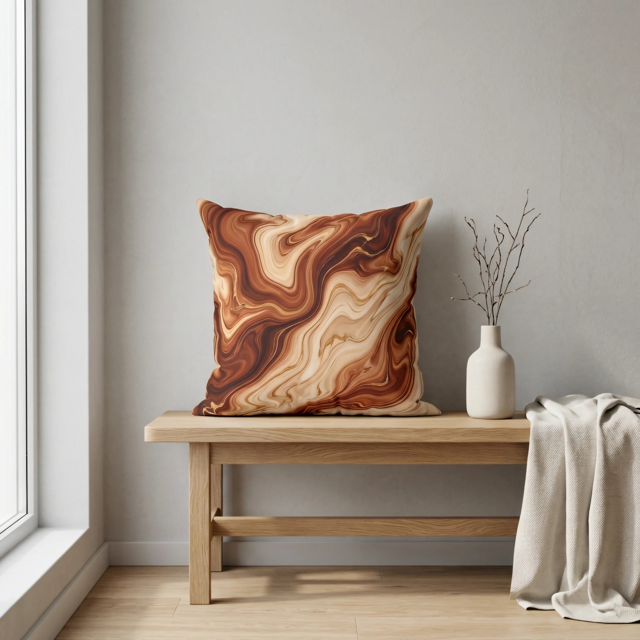 Minimalist interior featuring a throw pillow with a brown marble swirl pattern on a wooden bench beside a white vase and soft blanket.