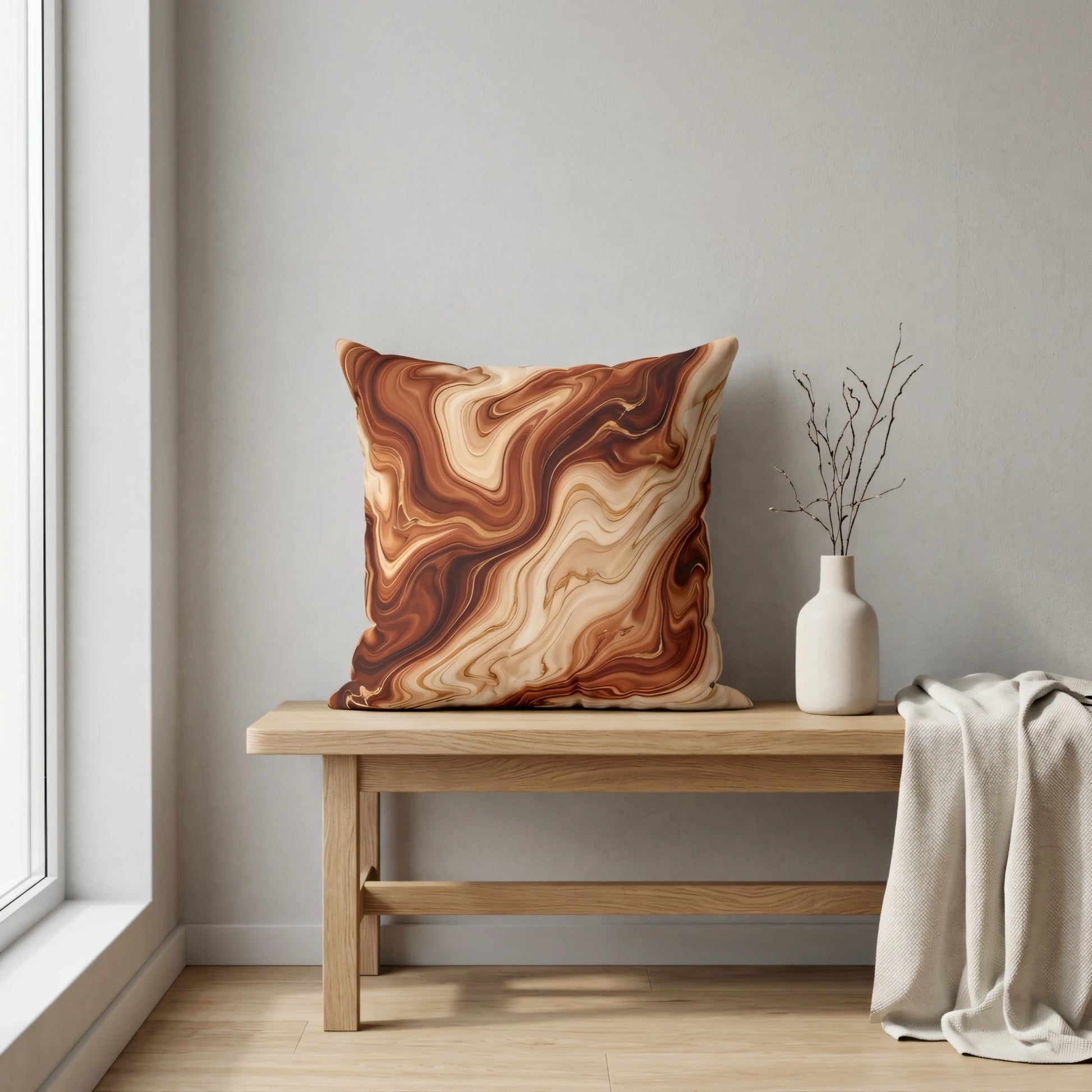 Minimalist interior featuring a throw pillow with a brown marble swirl pattern on a wooden bench beside a white vase and soft blanket.