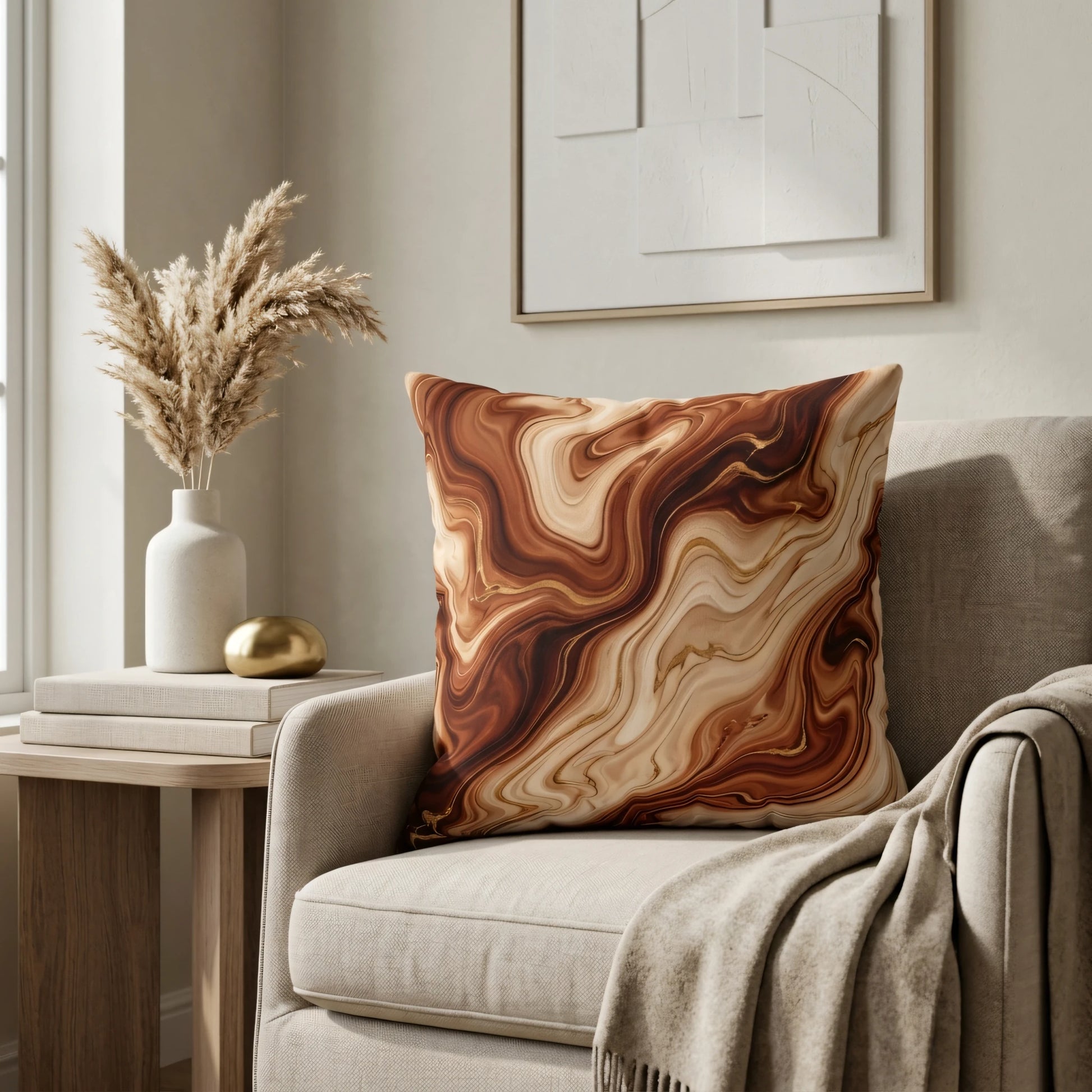 Brown and beige marble pattern decorative pillow on a neutral armchair, styled in a modern living room with pampas grass.