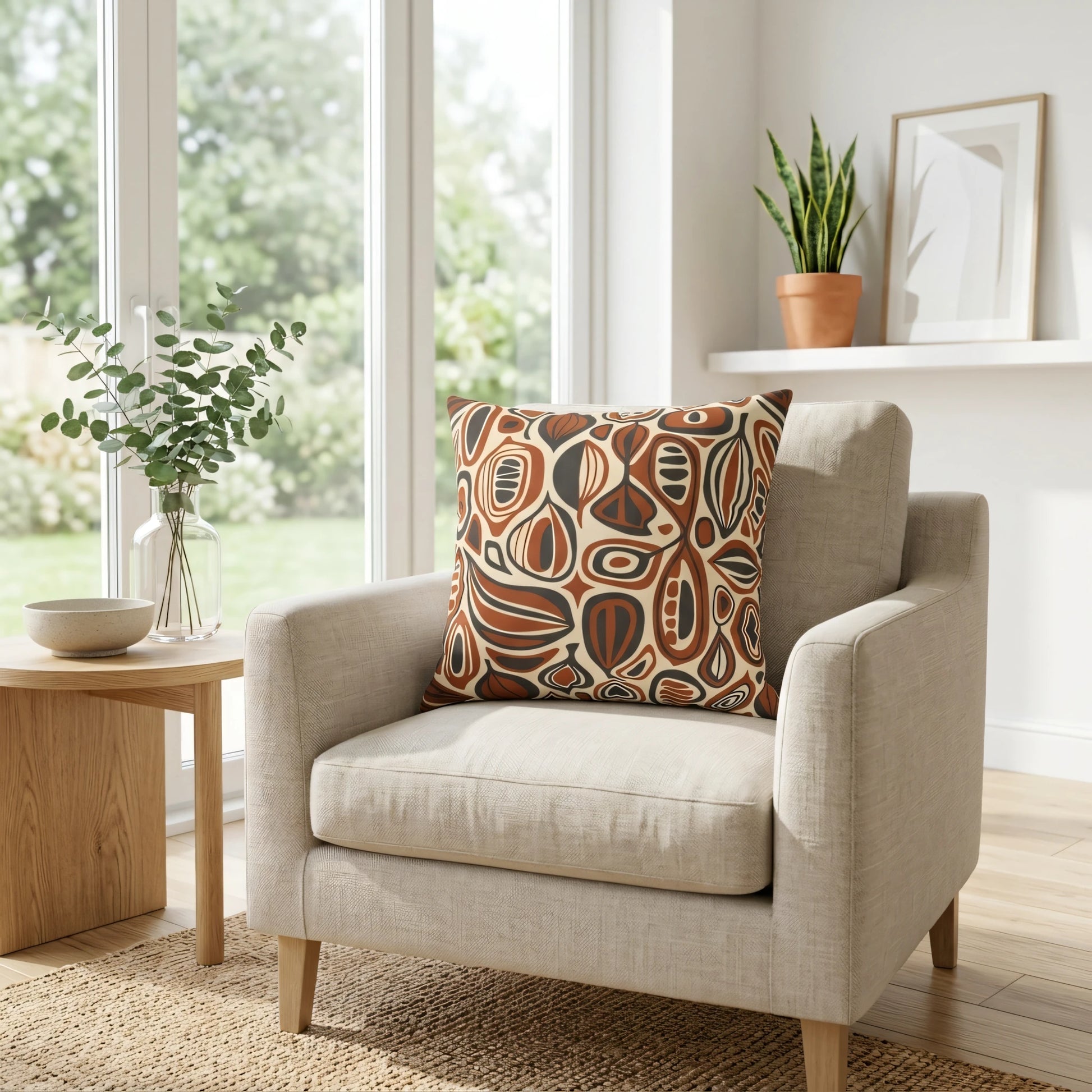 Decorative throw pillow with abstract terracotta and brown patterns on a beige armchair in a bright, sunlit living room with modern decor.