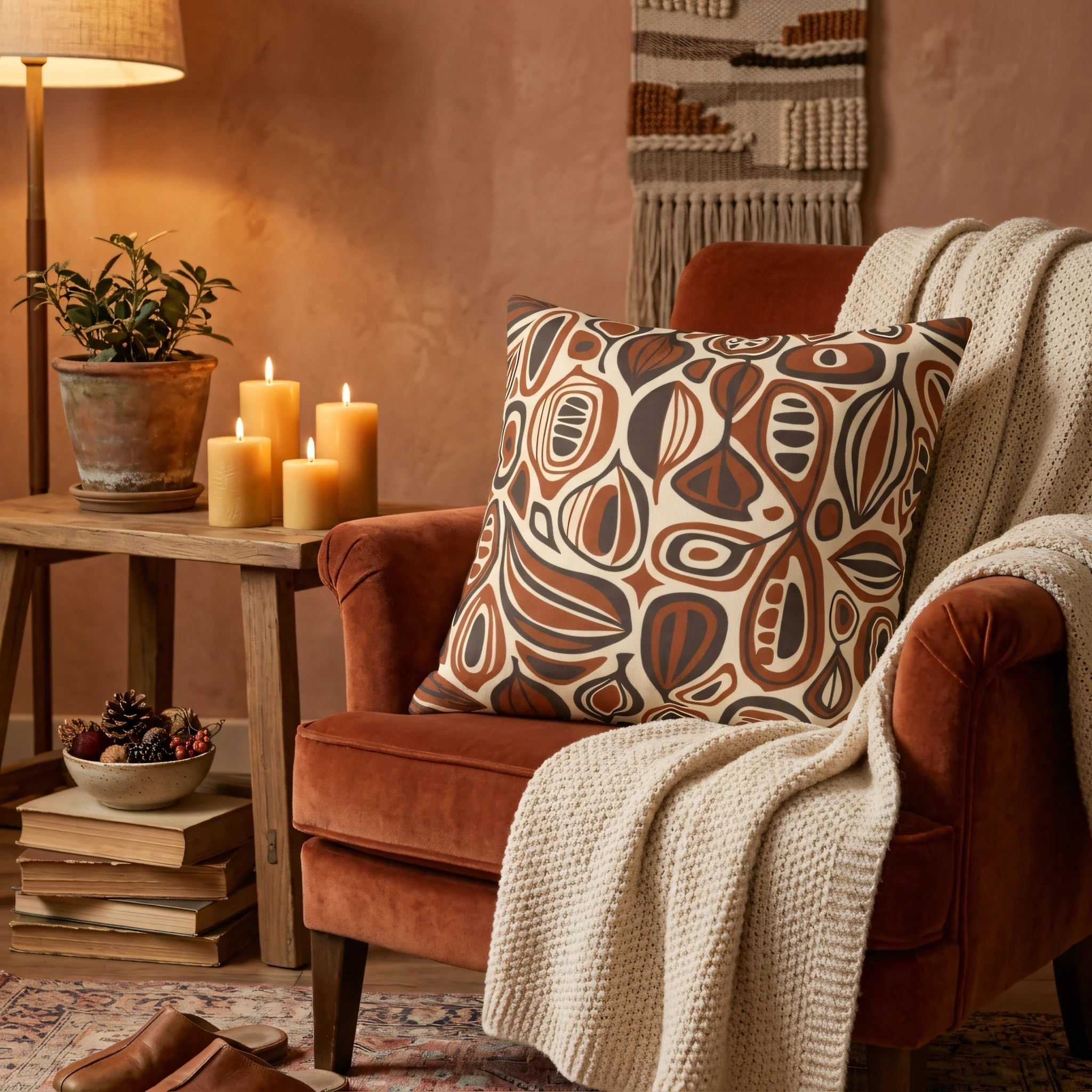 Earthy abstract pattern cushion on a rust velvet armchair, with a cream knit throw and glowing candles in a cozy, warm home interior scene.