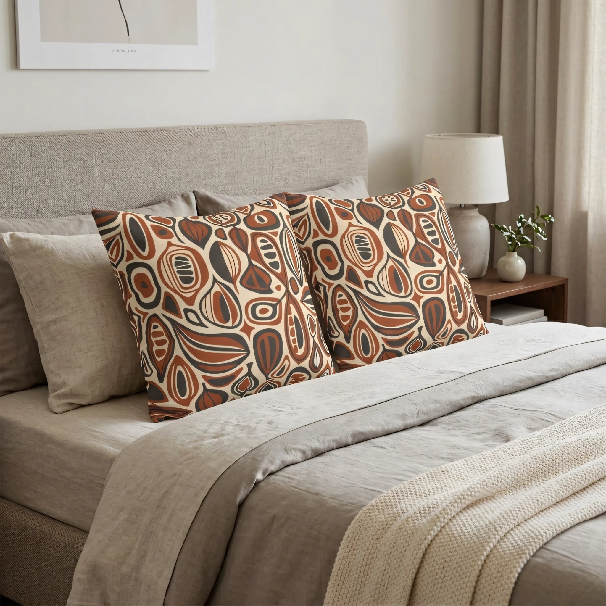 Earth-toned cushions with an abstract organic pattern on a neutral bed, featuring terracotta and brown hues in a cozy modern bedroom scene.