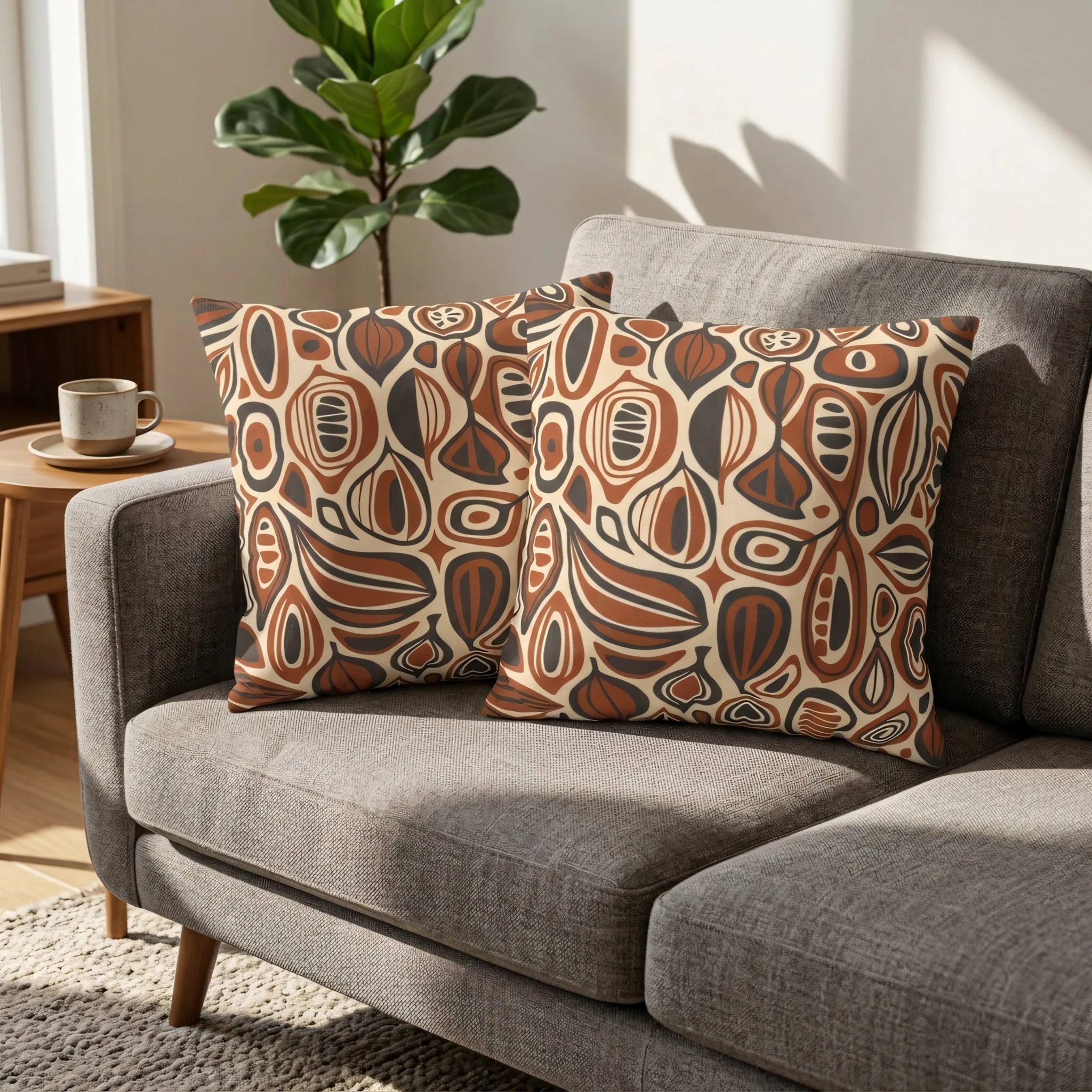 Two decorative cushions with a brown abstract mid-century pattern on a grey sofa in a bright, modern living room interior.