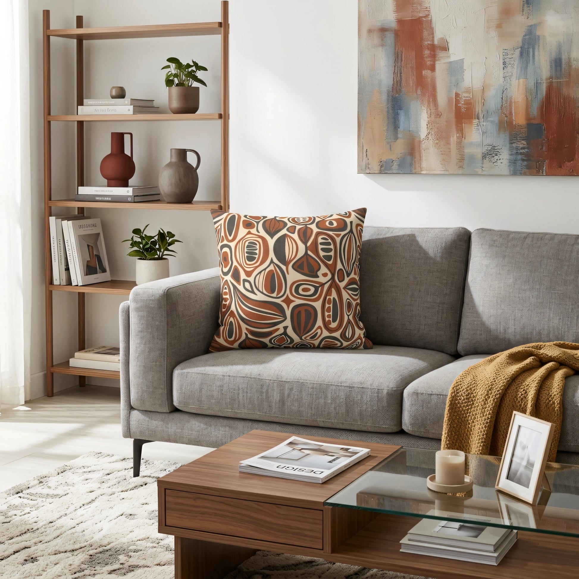 Earth-toned abstract patterned cushion on a gray sofa in a modern living room setting with a wooden coffee table and bookshelf.