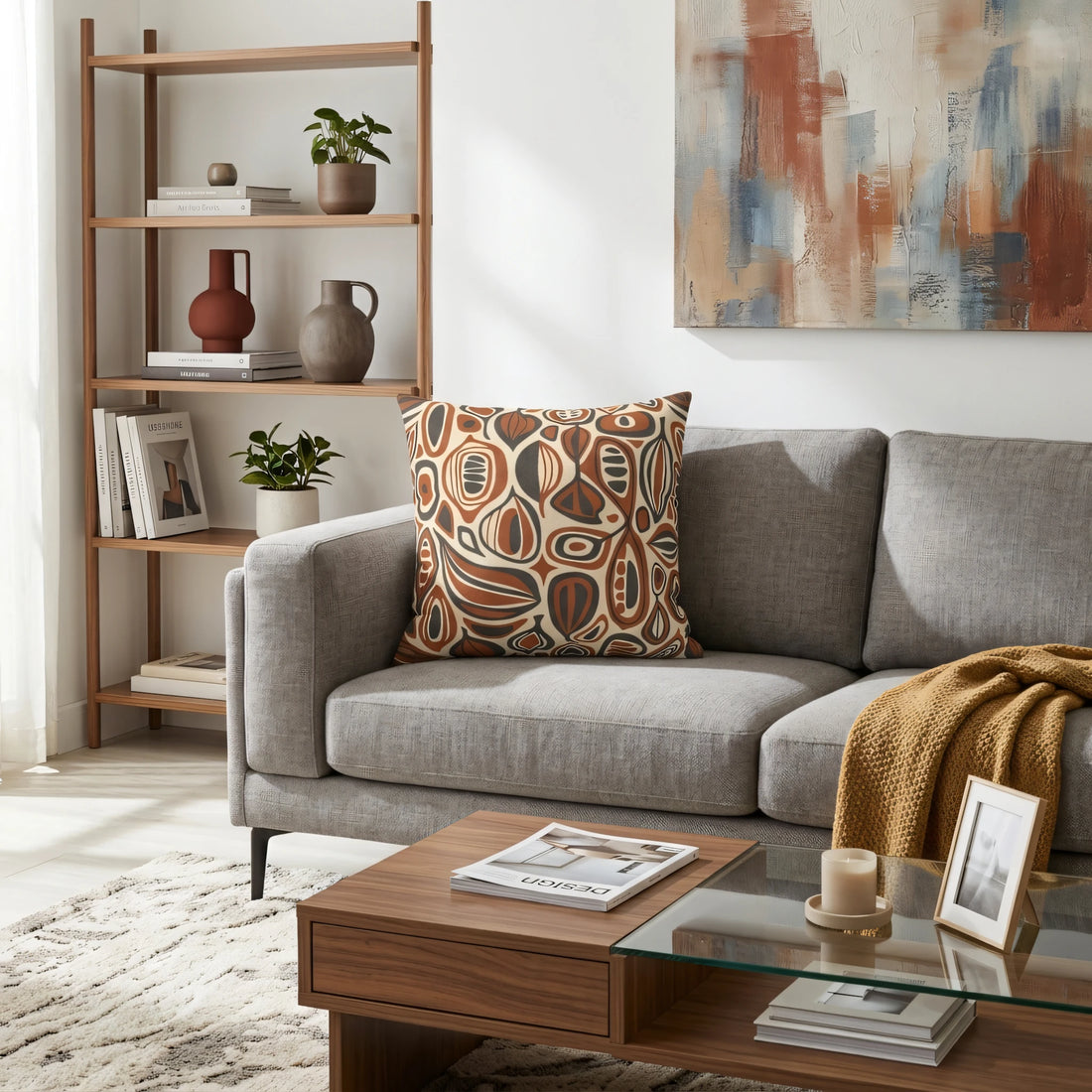 Earth-toned abstract patterned cushion on a gray sofa in a modern living room setting with a wooden coffee table and bookshelf.