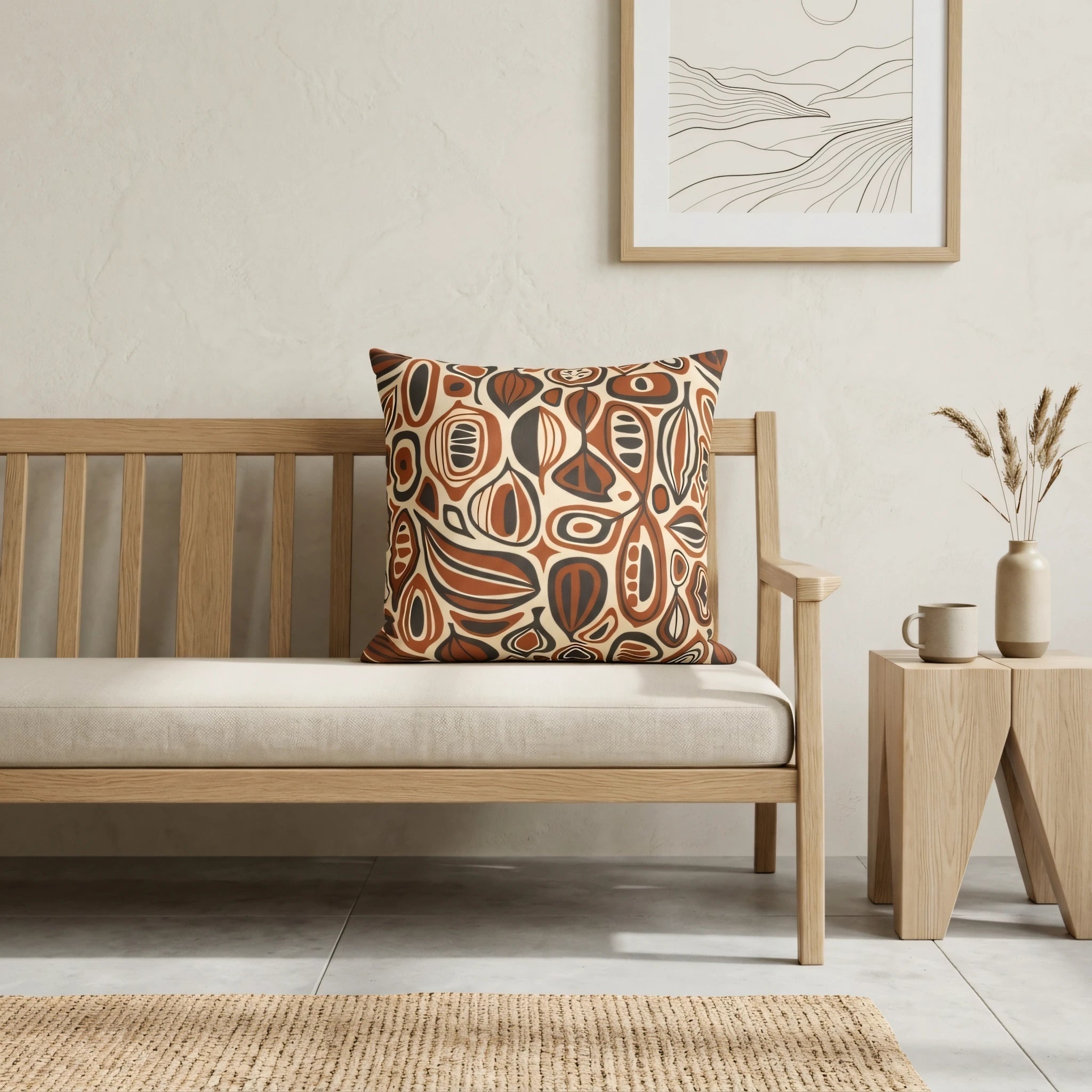 Abstract earthy patterned cushion on a light wood bench in a minimalist room featuring neutral tones, framed art, and natural textures.