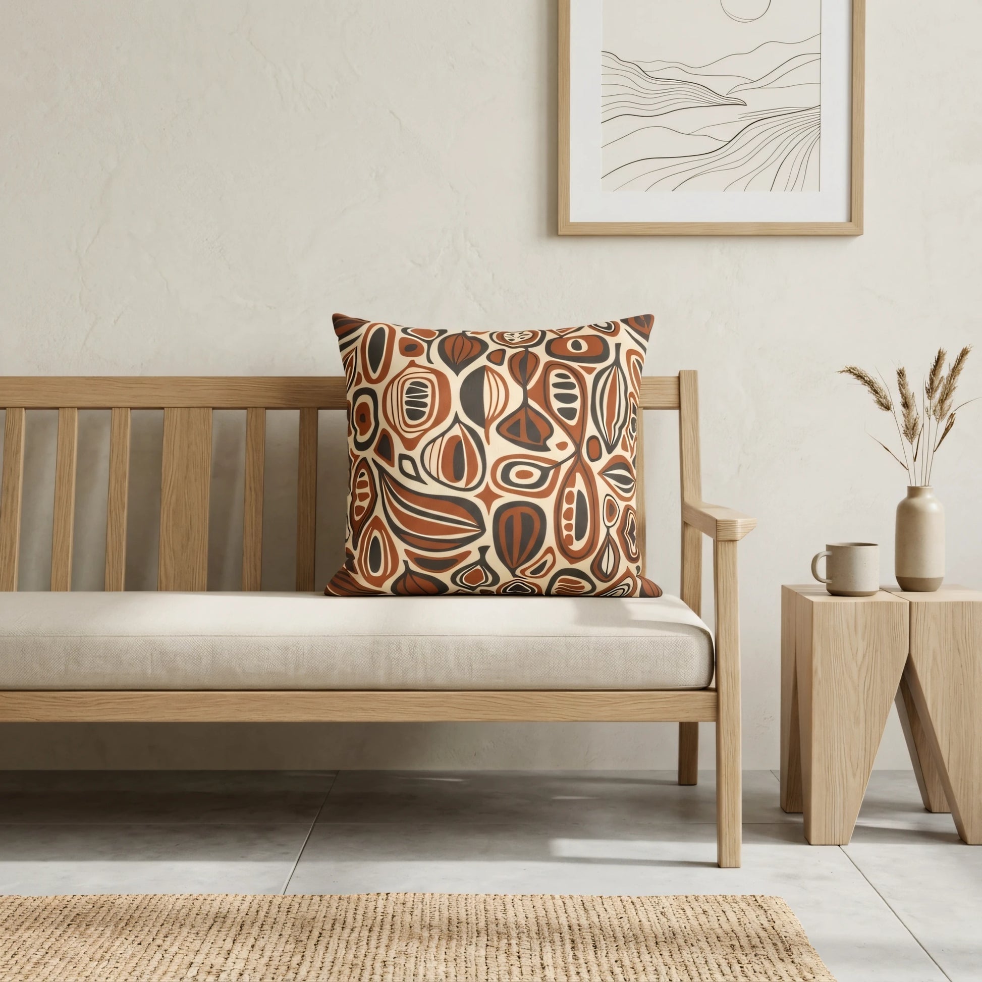 Abstract earthy patterned cushion on a light wood bench in a minimalist room featuring neutral tones, framed art, and natural textures.
