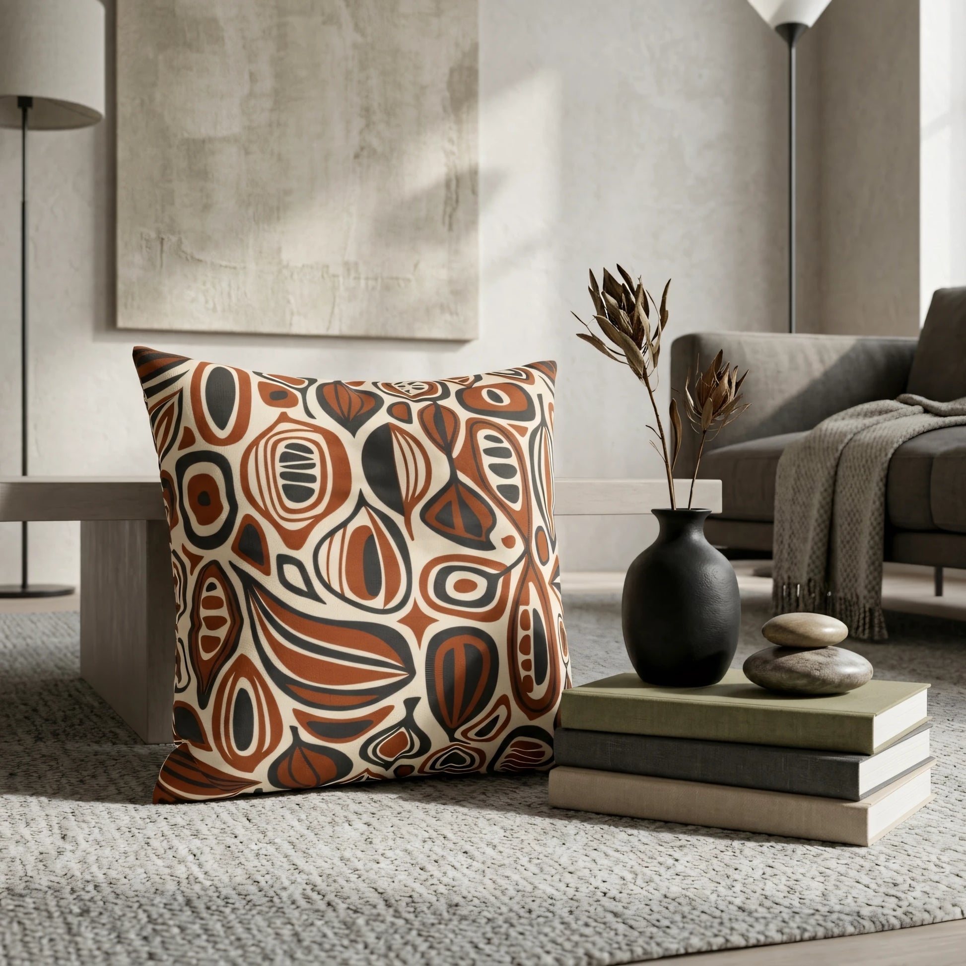 Decorative square cushion with a terracotta and charcoal abstract pattern in a modern, neutral living room setting on a light grey rug.