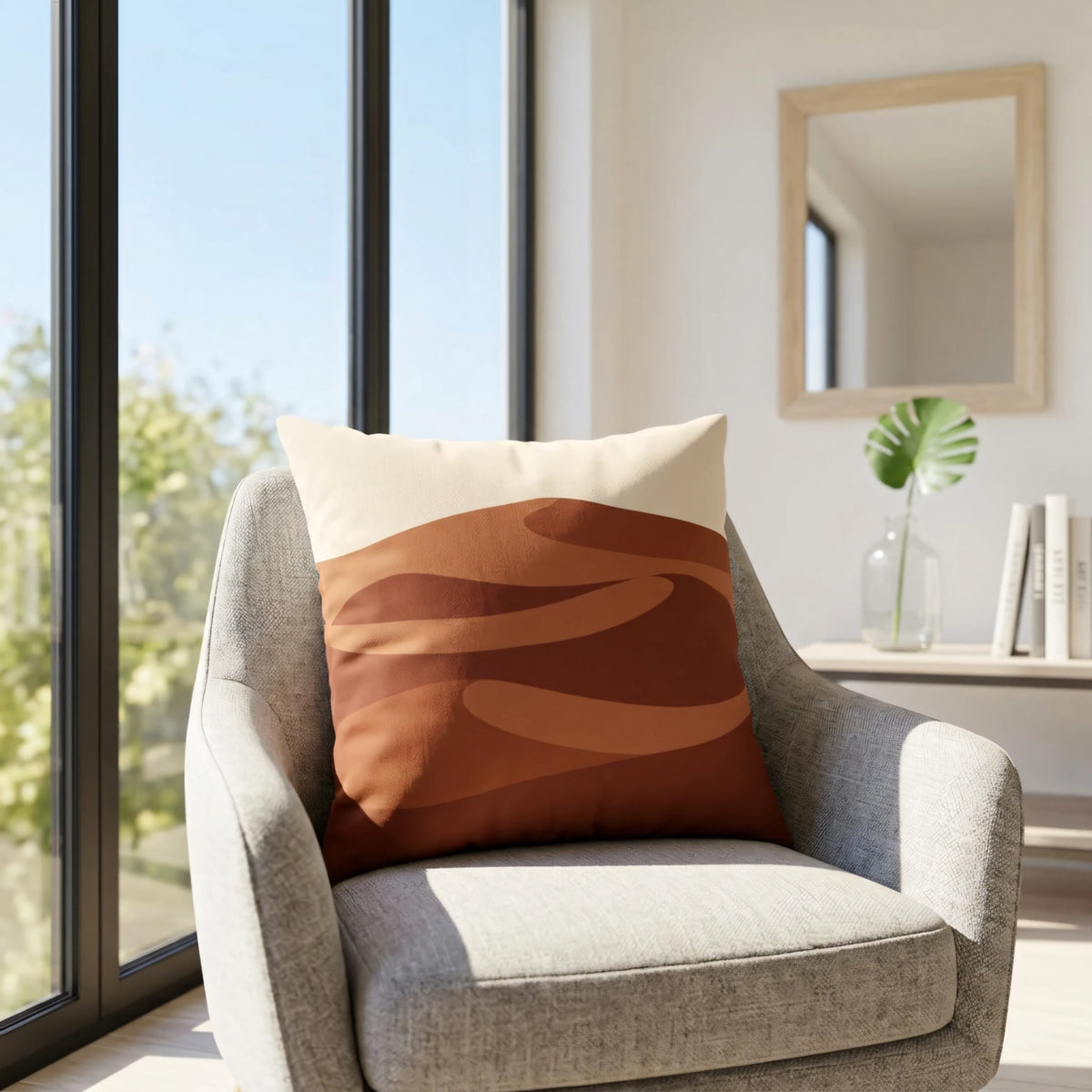 Minimalist Sandscape Throw Pillow Cover Rust Brown, lifestyle view.