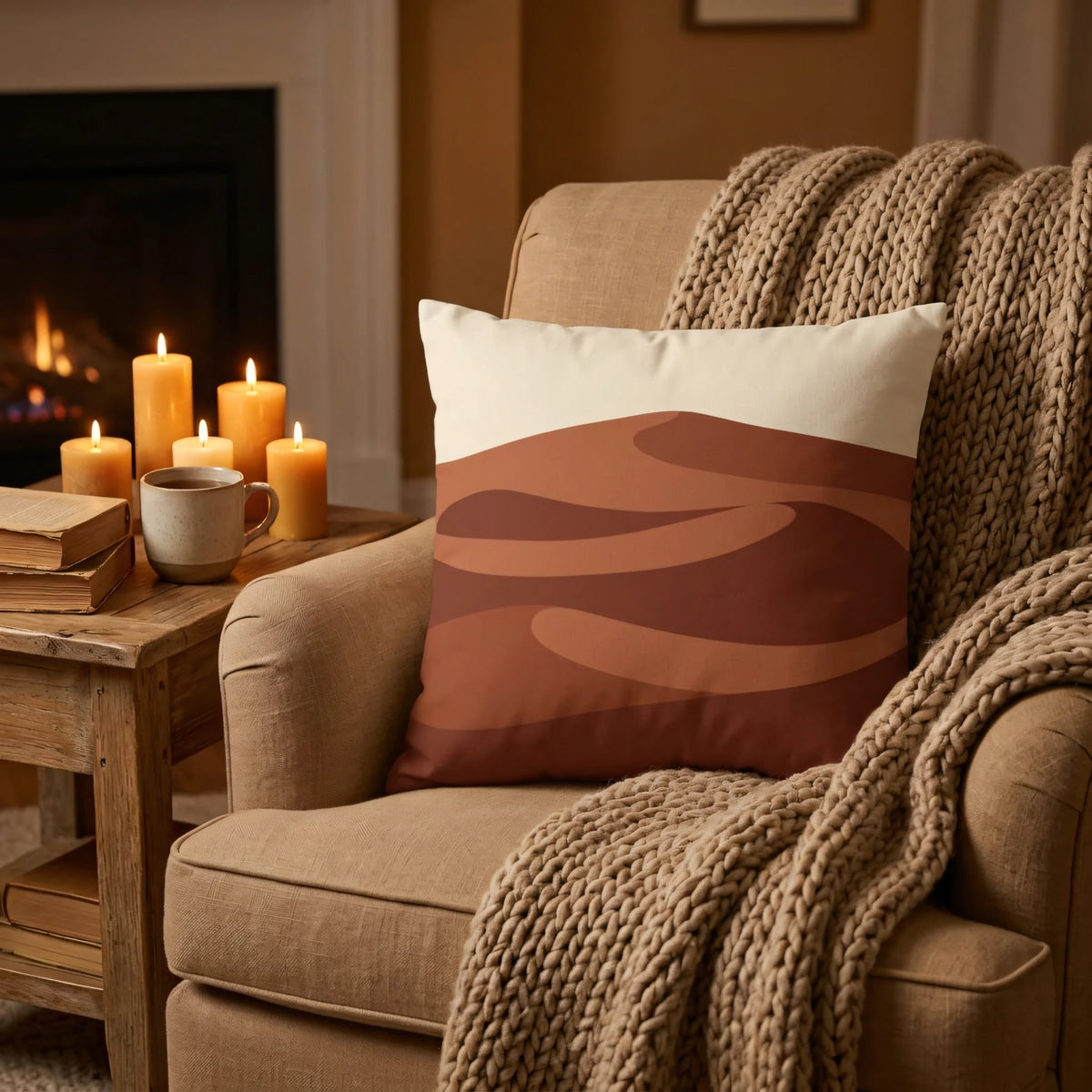 Minimalist Sandscape Throw Pillow Cover Rust Brown, lifestyle view.