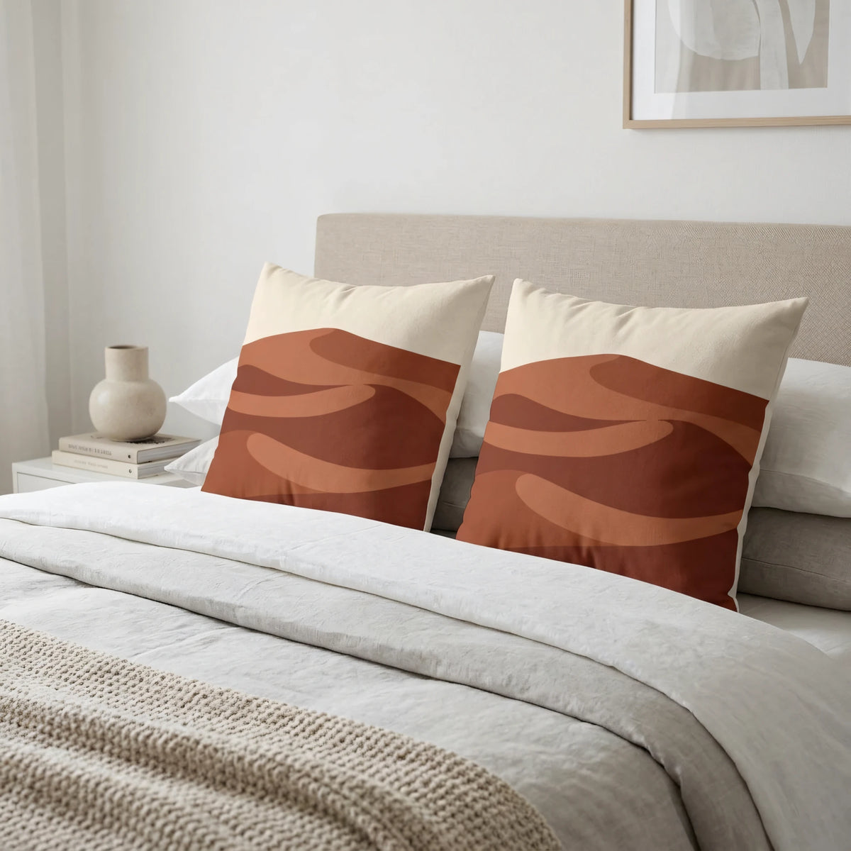 Minimalist Sandscape Throw Pillow Cover Rust Brown, lifestyle view.