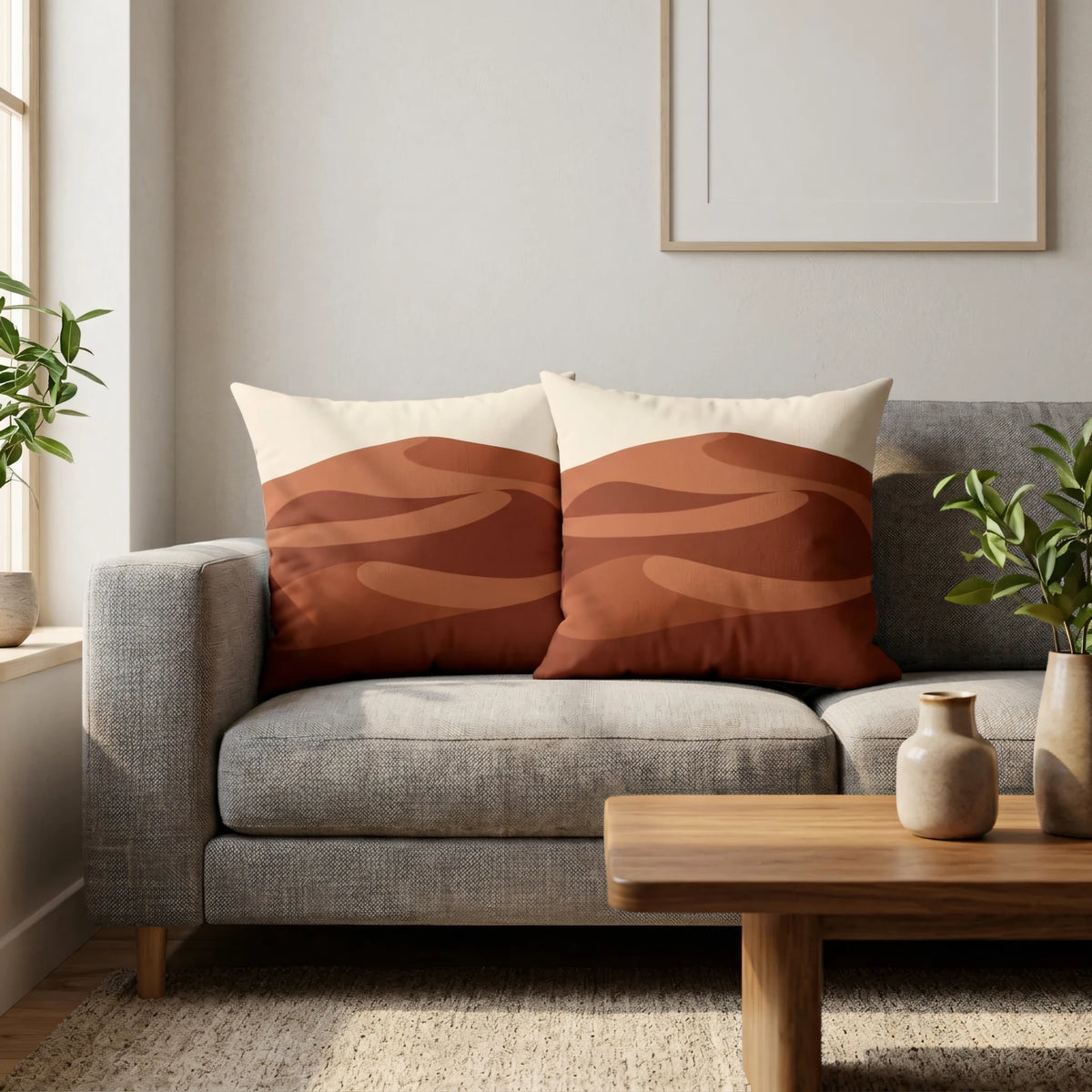 Minimalist Sandscape Throw Pillow Cover Rust Brown, lifestyle view.