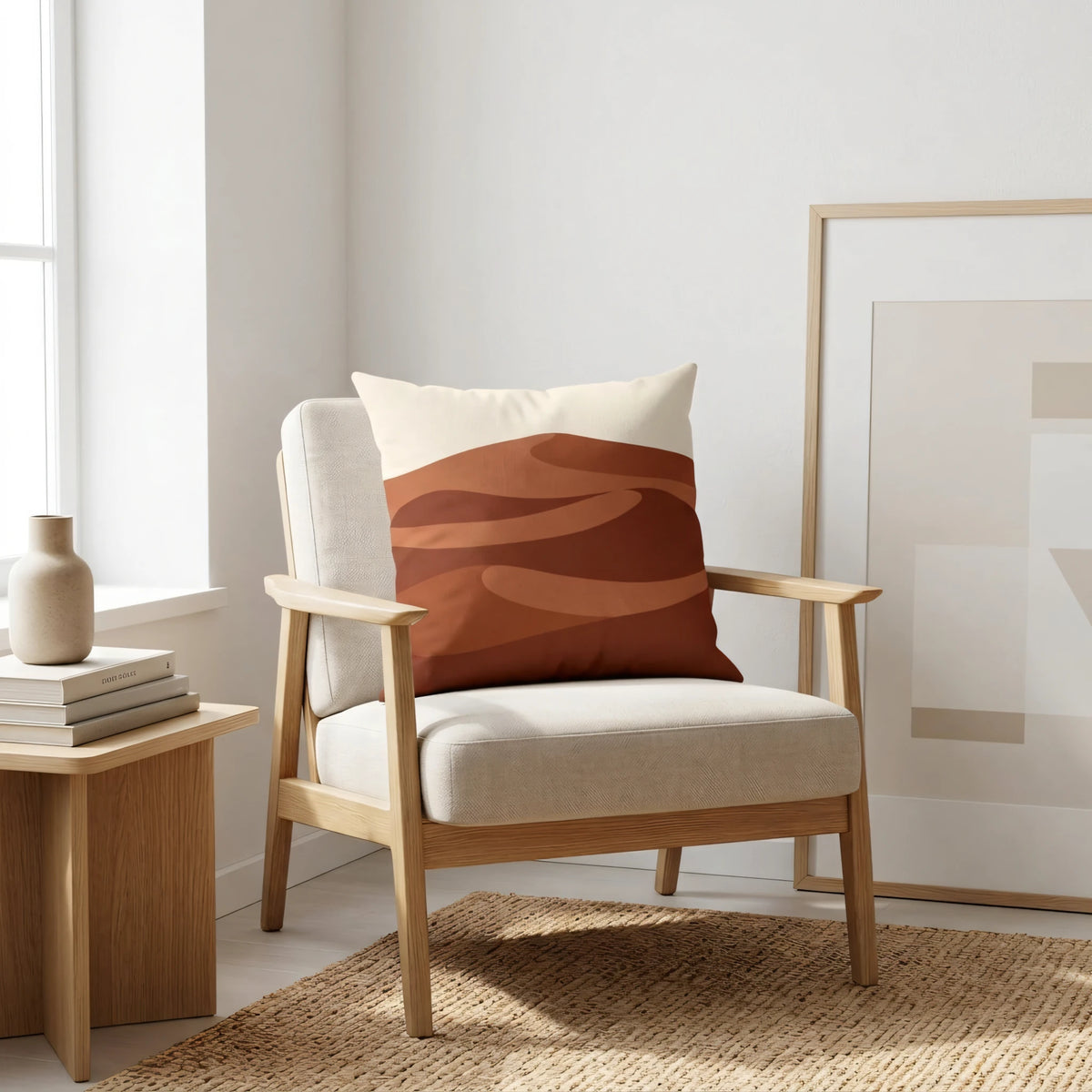Minimalist Sandscape Throw Pillow Cover Rust Brown, lifestyle view.