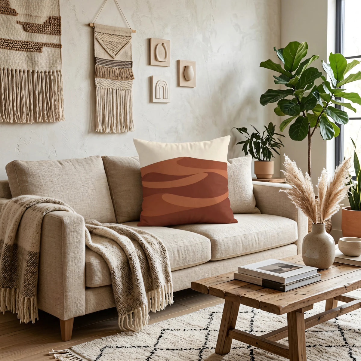 Minimalist Sandscape Throw Pillow Cover Rust Brown, lifestyle view.