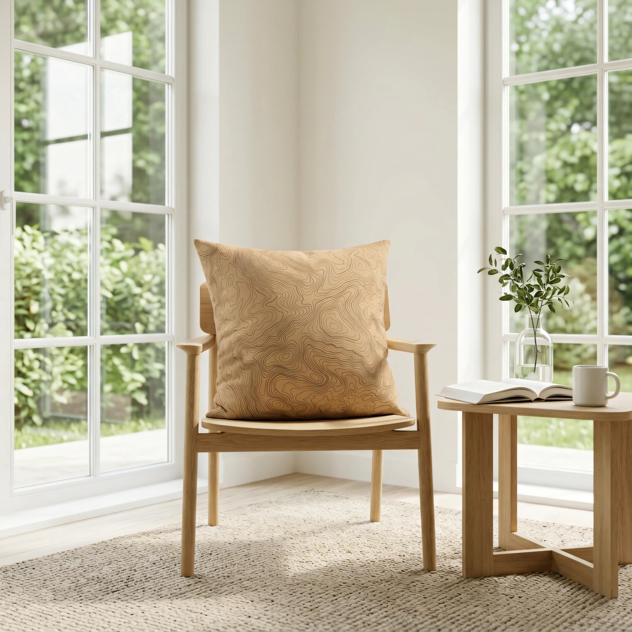Tan topographic map pattern cushion on a wooden chair in a bright minimalist room with large windows and a side table with a mug and book.