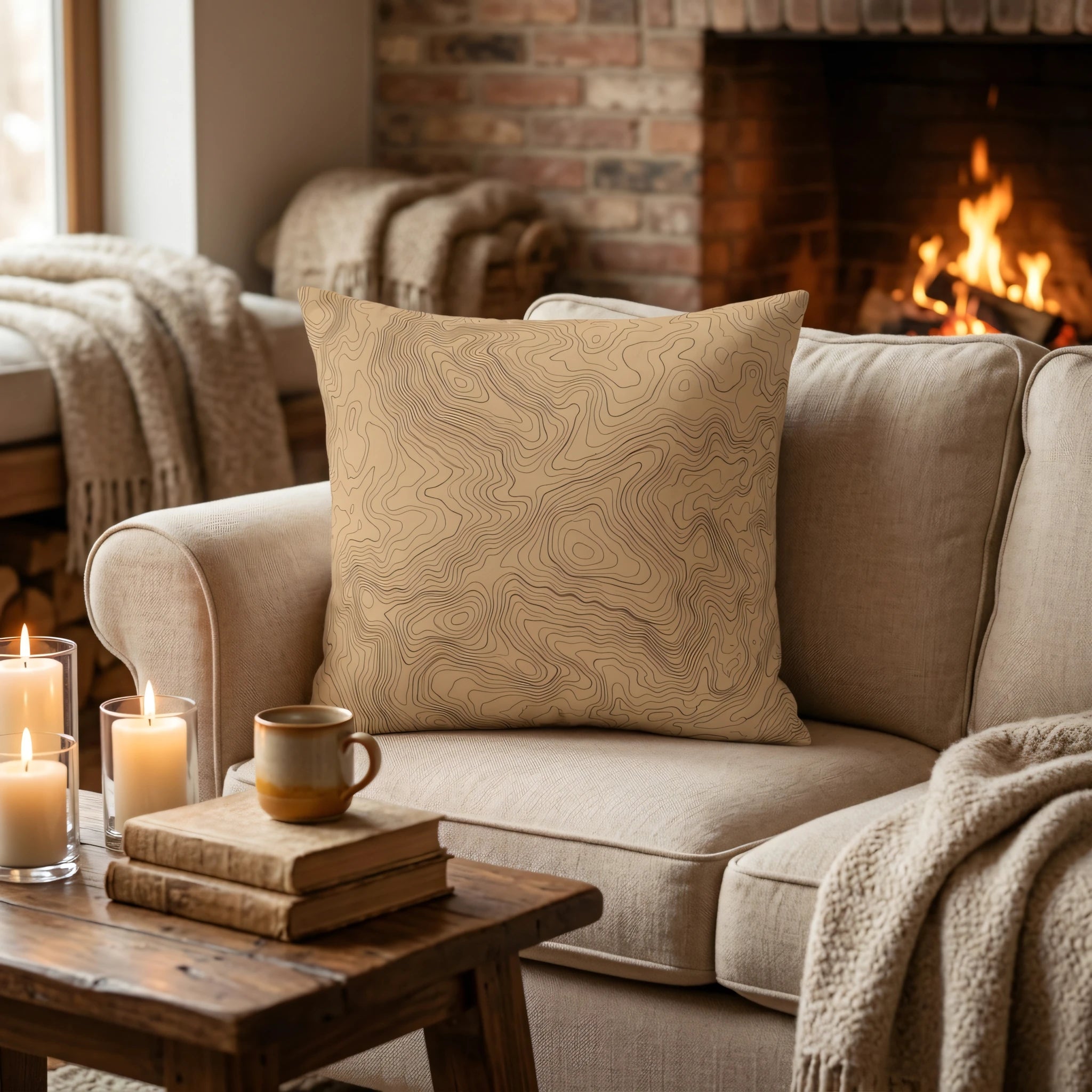 Tan topographic map pillow on a cream sofa in a cozy living room featuring a lit fireplace, candles, and a wooden coffee table.