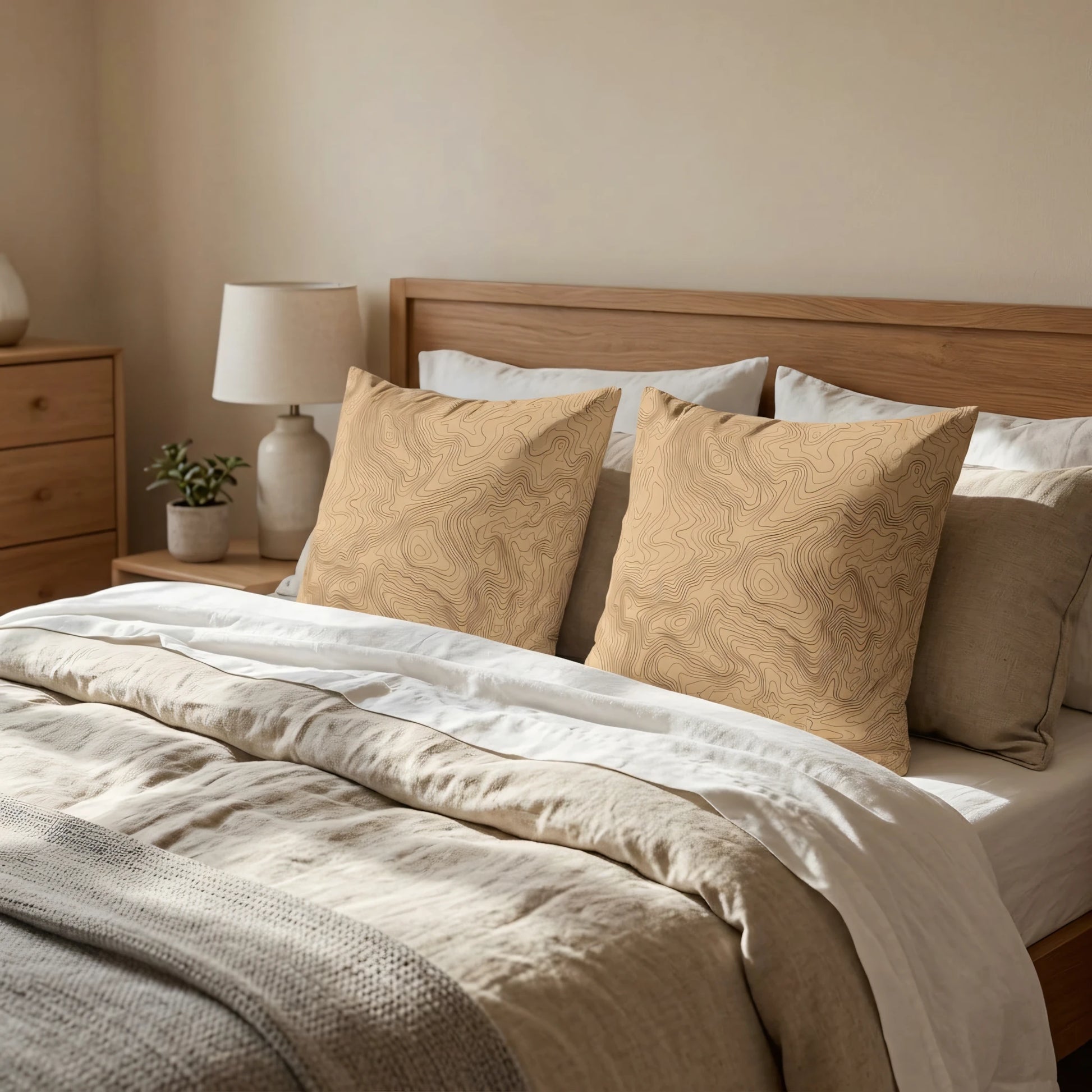 Tan topographic map cushions on a cozy minimalist bed with neutral linen bedding and a wooden headboard in a bright, modern bedroom scene.