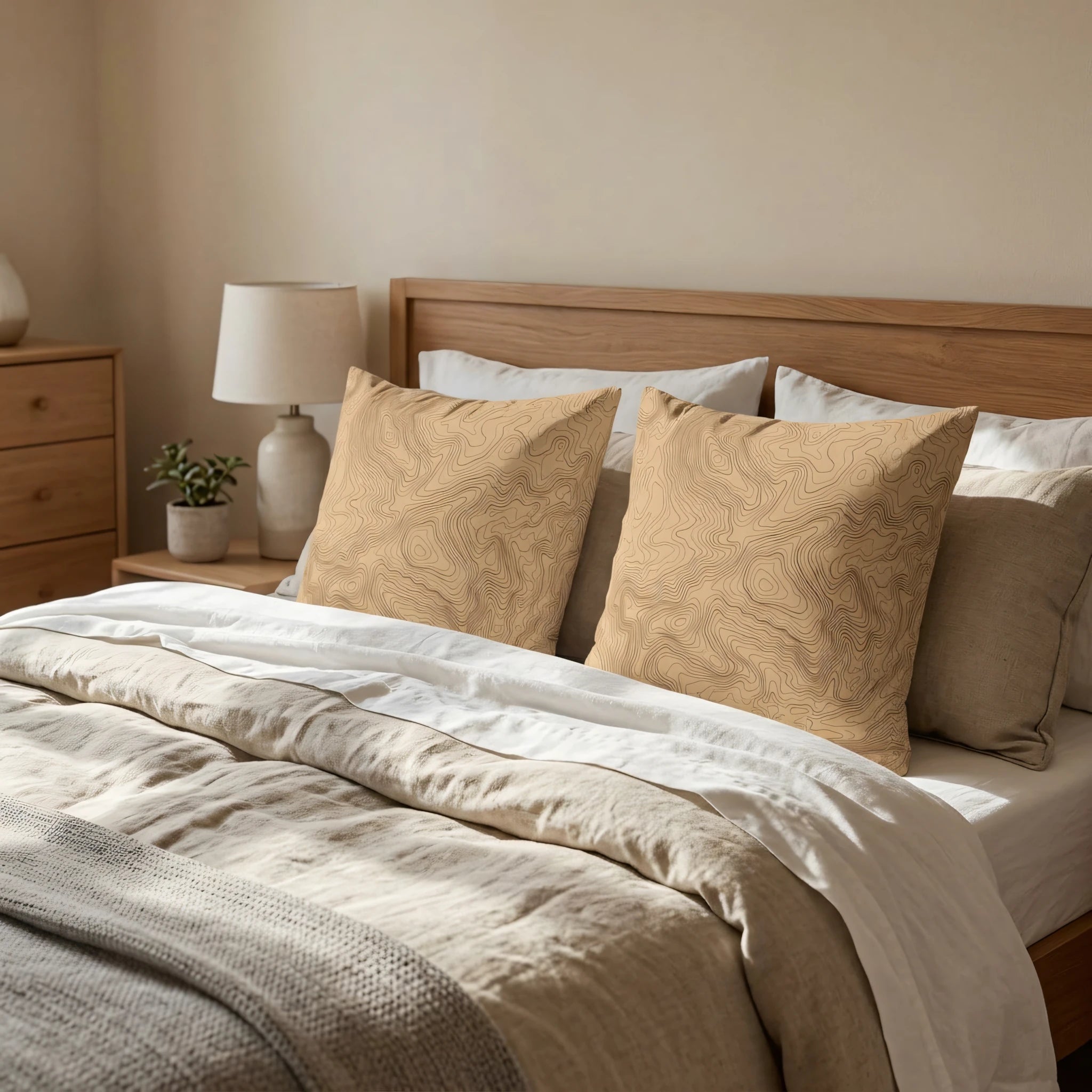 Tan topographic map cushions on a cozy minimalist bed with neutral linen bedding and a wooden headboard in a bright, modern bedroom scene.
